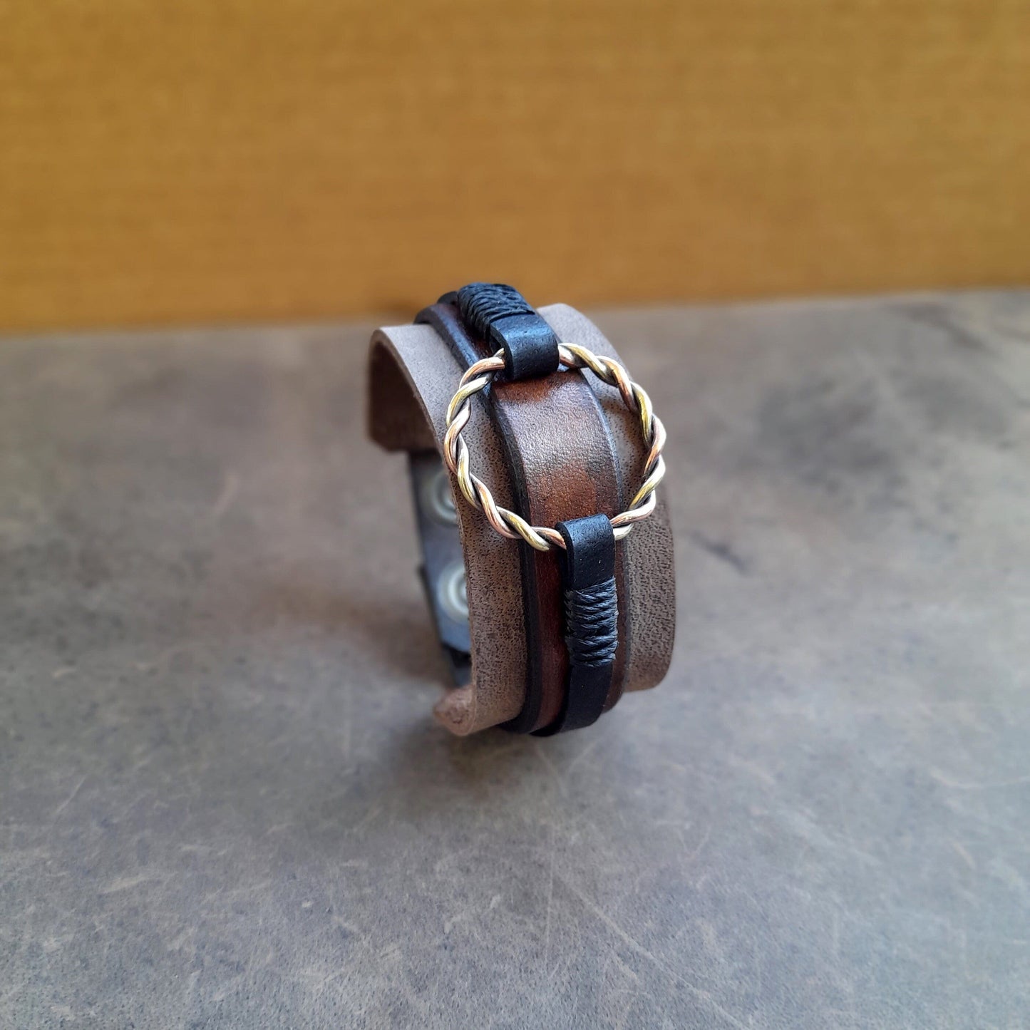 Mixed Twisted Metals O Ring Leather Cuff Bracelet