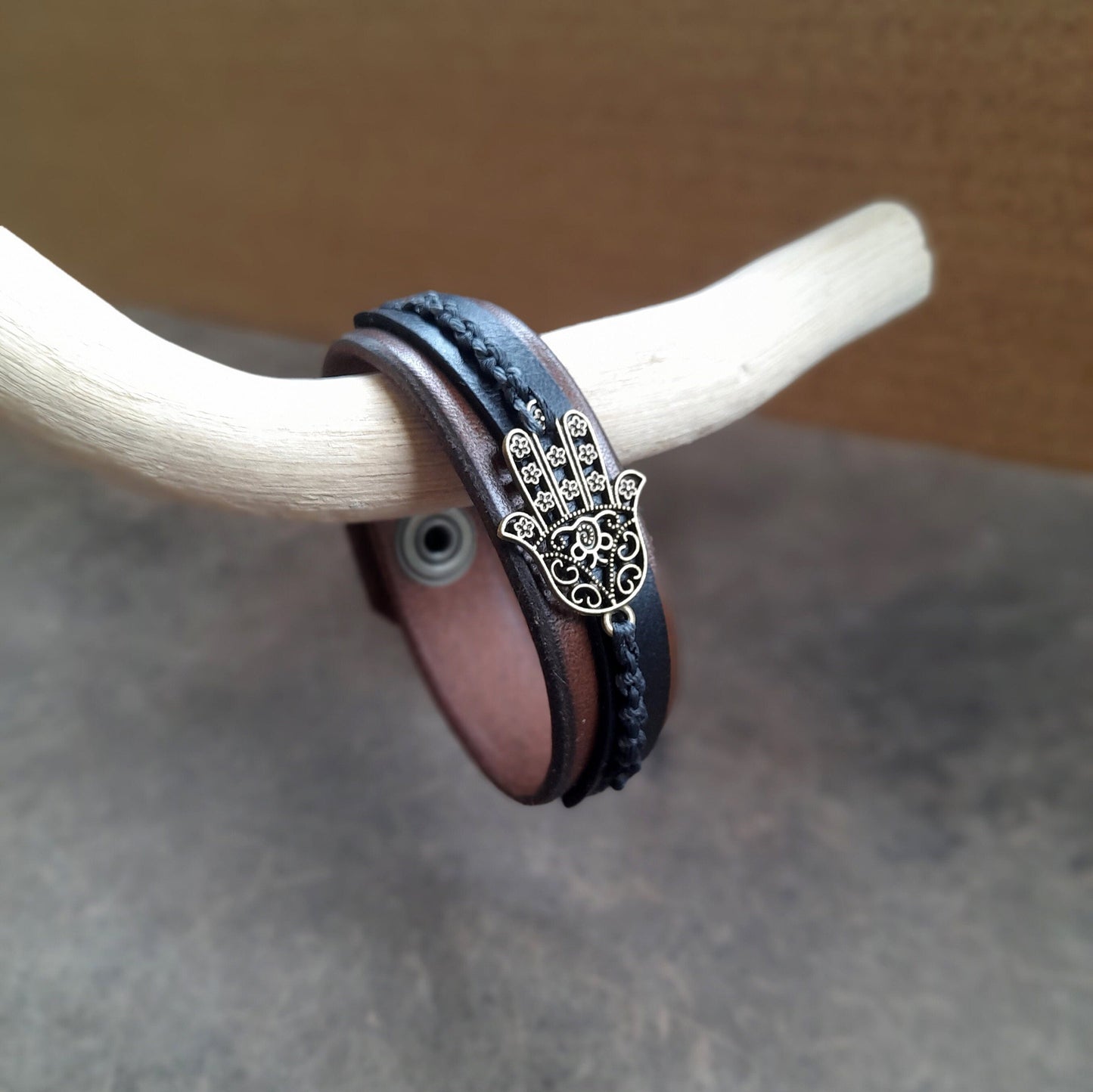 Large Hamsa Hand Unisex Leather Bracelet