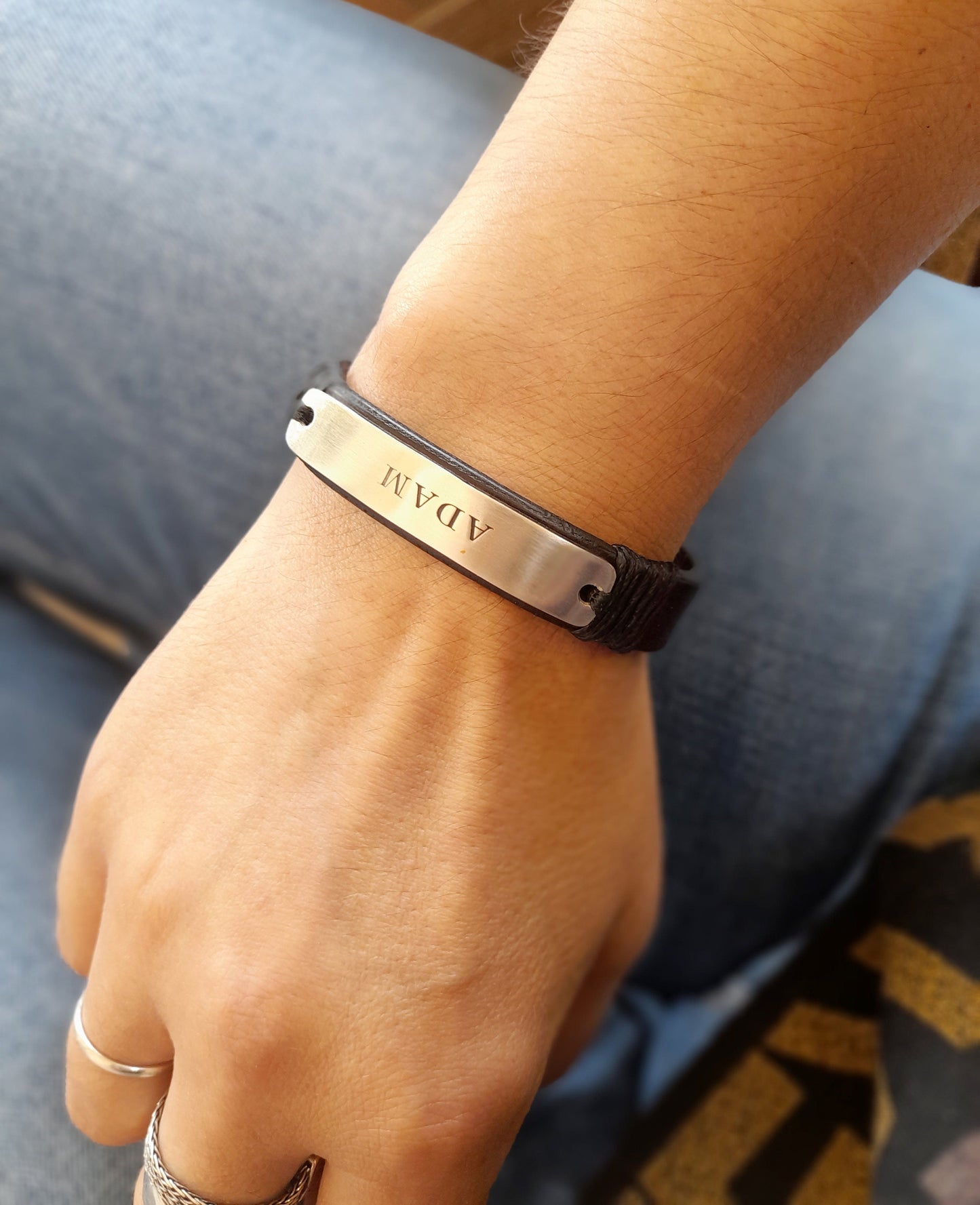 Minimalist Silver 925 Name Plate Leather Bracelet