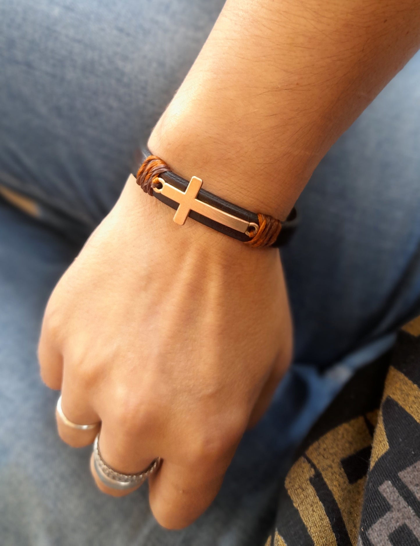 Unisex Thin Leather Bracelet with Rose Gold Cross