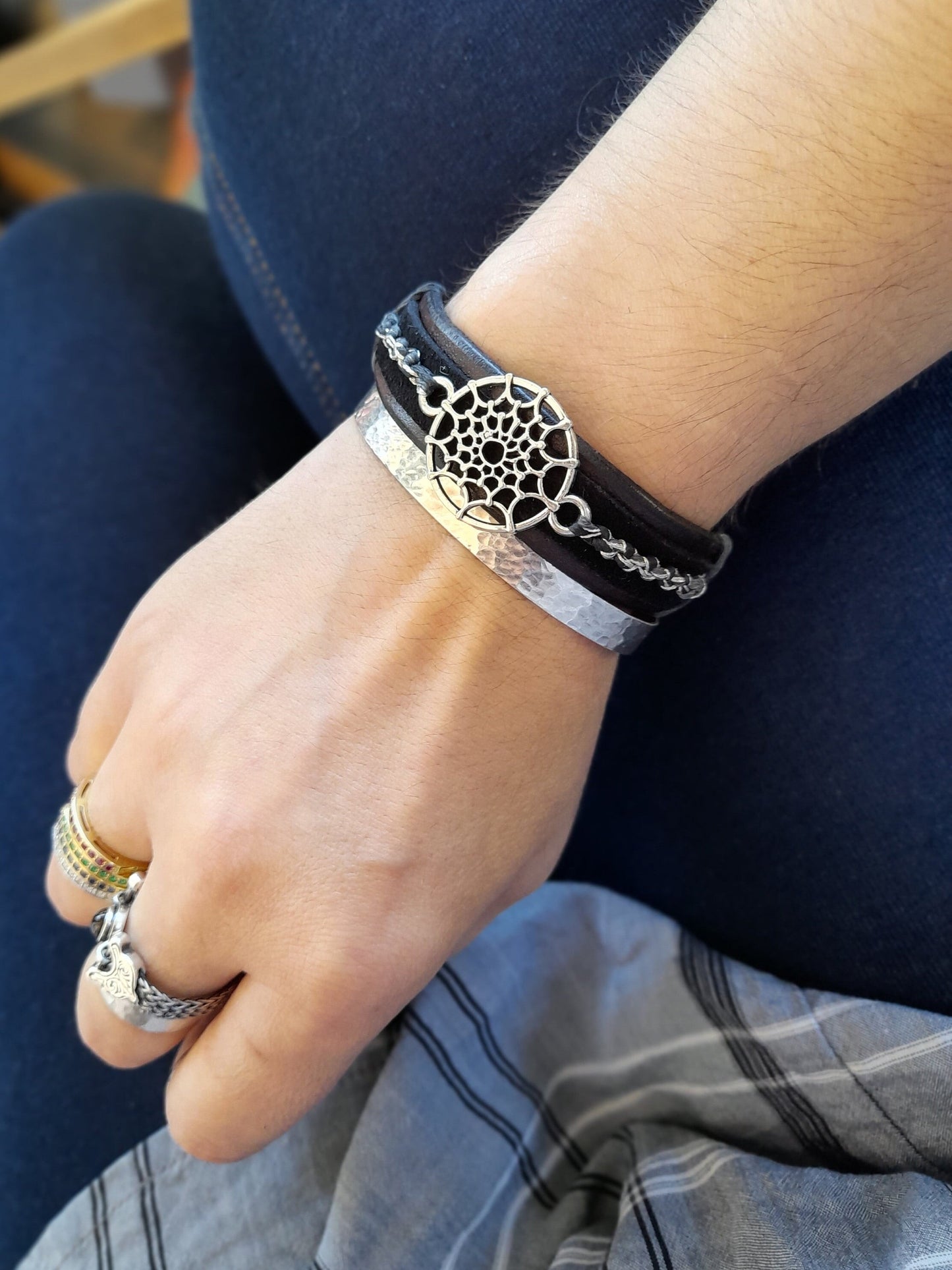 Silver Dreamcatcher Slim Leather Bracelet