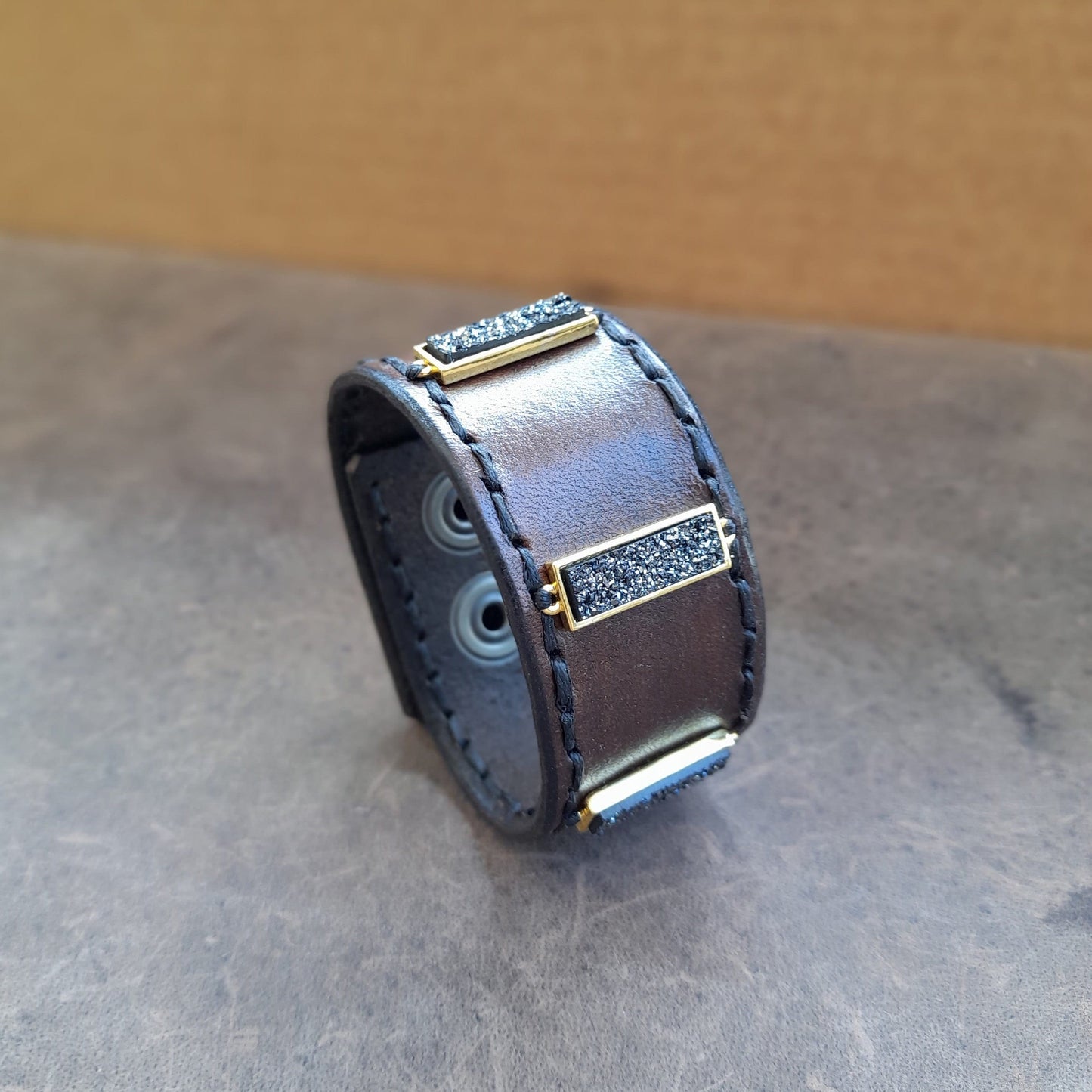 Natural Black Druzy Quartz Leather Cuff Bracelet