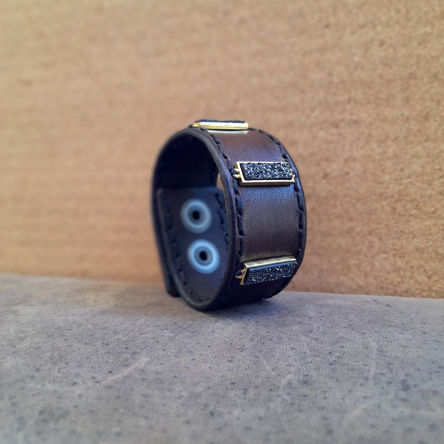 Natural Black Druzy Quartz Leather Cuff Bracelet