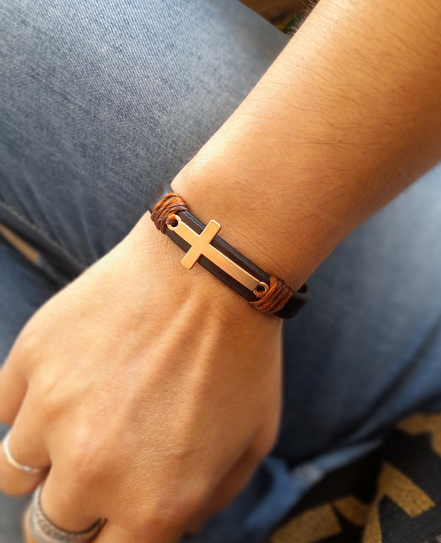 Unisex Thin Leather Bracelet with Rose Gold Cross