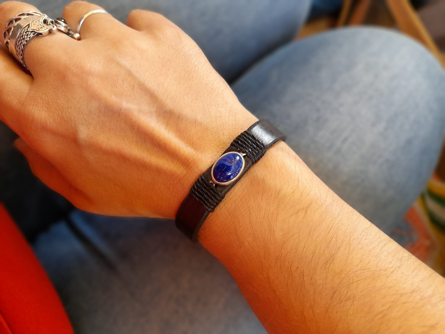 Natural Sodalite Black Leather Bracelet