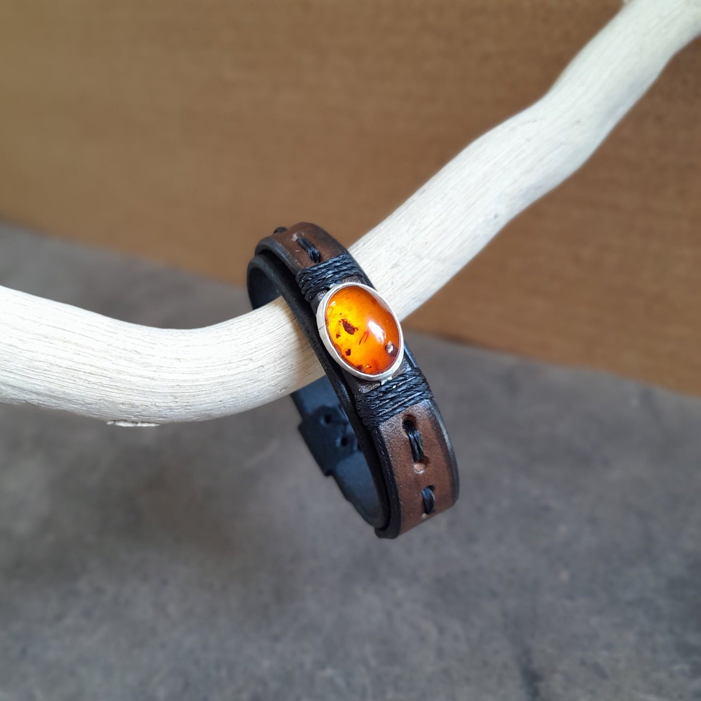 Silver 925 Natural Amber Leather Bracelet