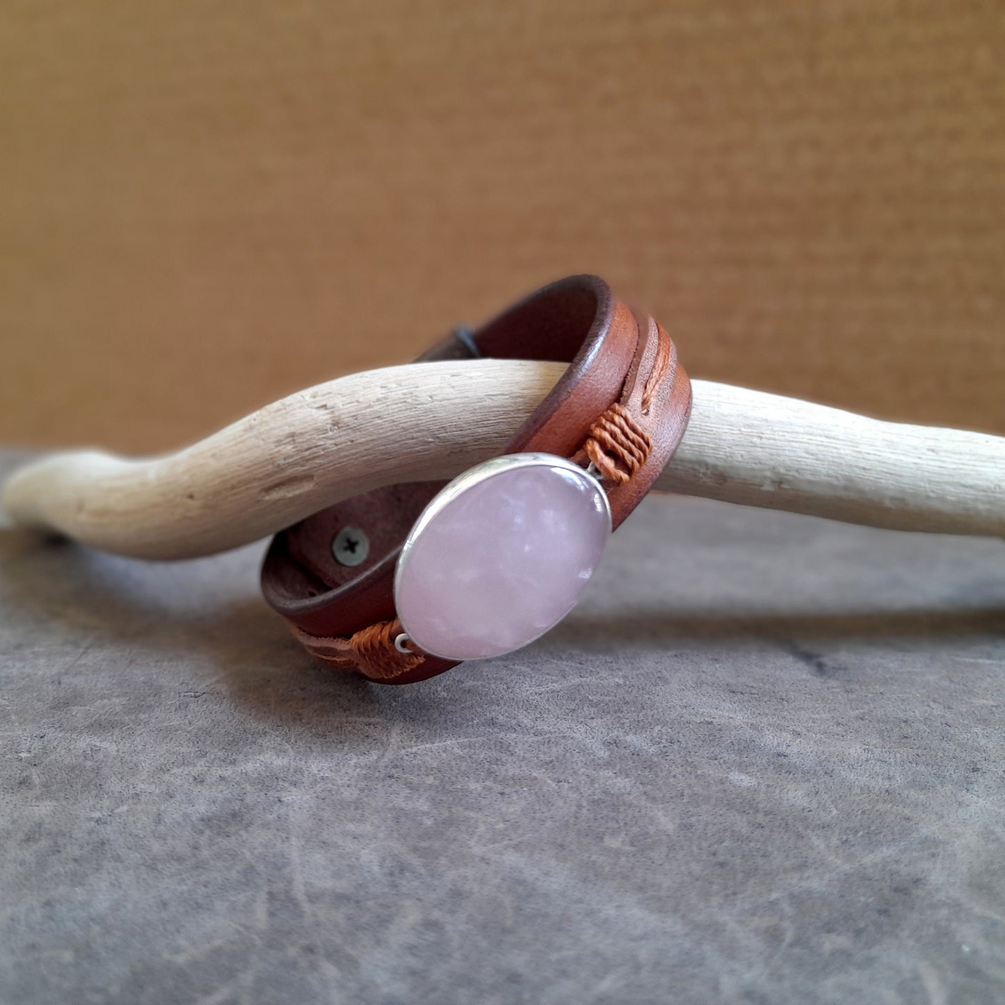 Large Rose Quartz Leather Cuff, Silver 925