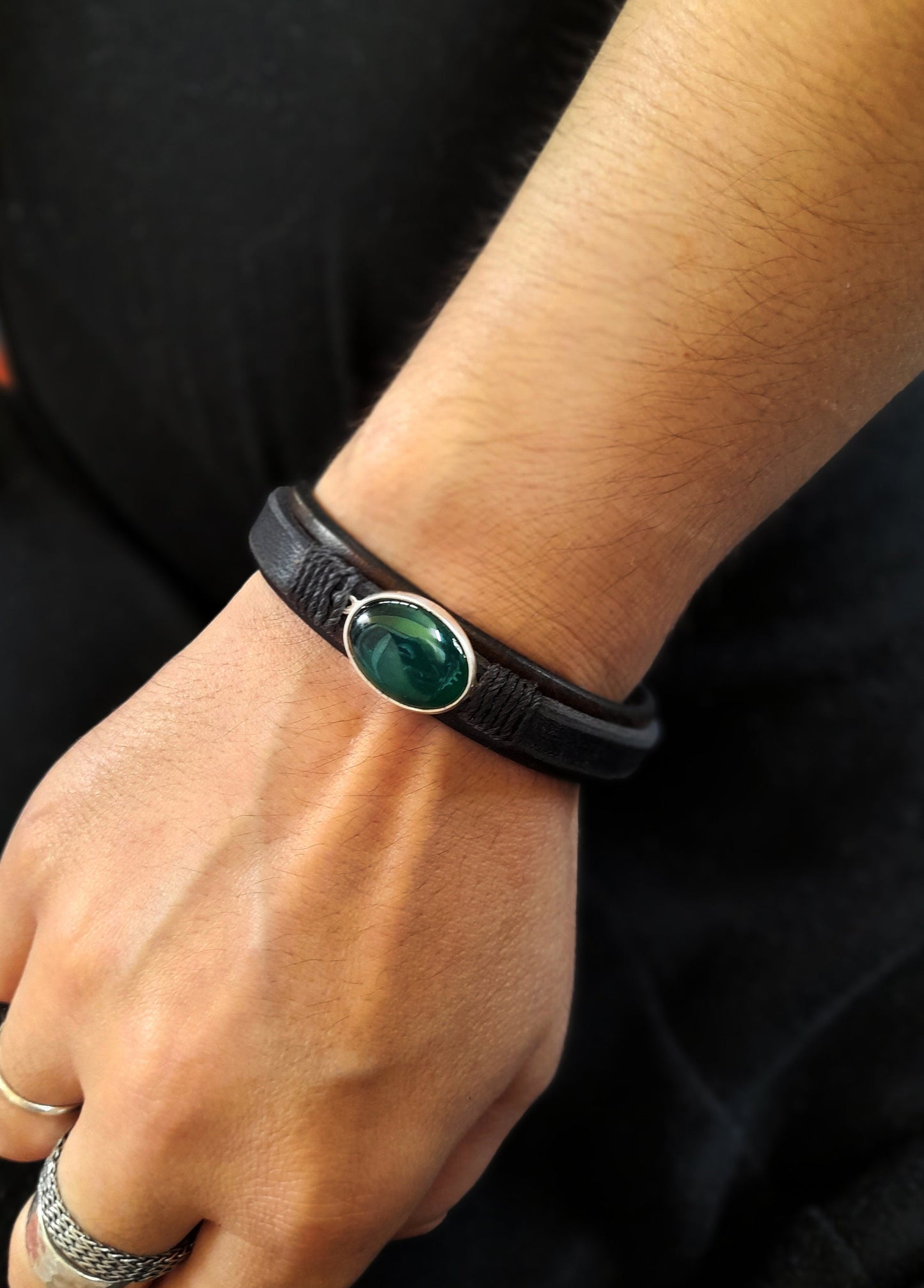 Natural Dark Green Aventurine Leather Bracelet, Silver 925