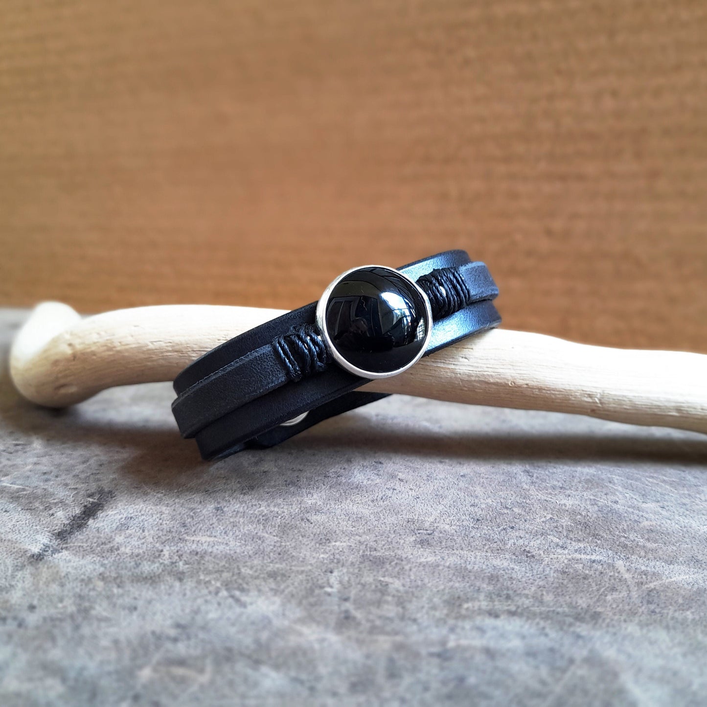 Black Leather Bracelet with Natural Black Obsidian, Silver 925