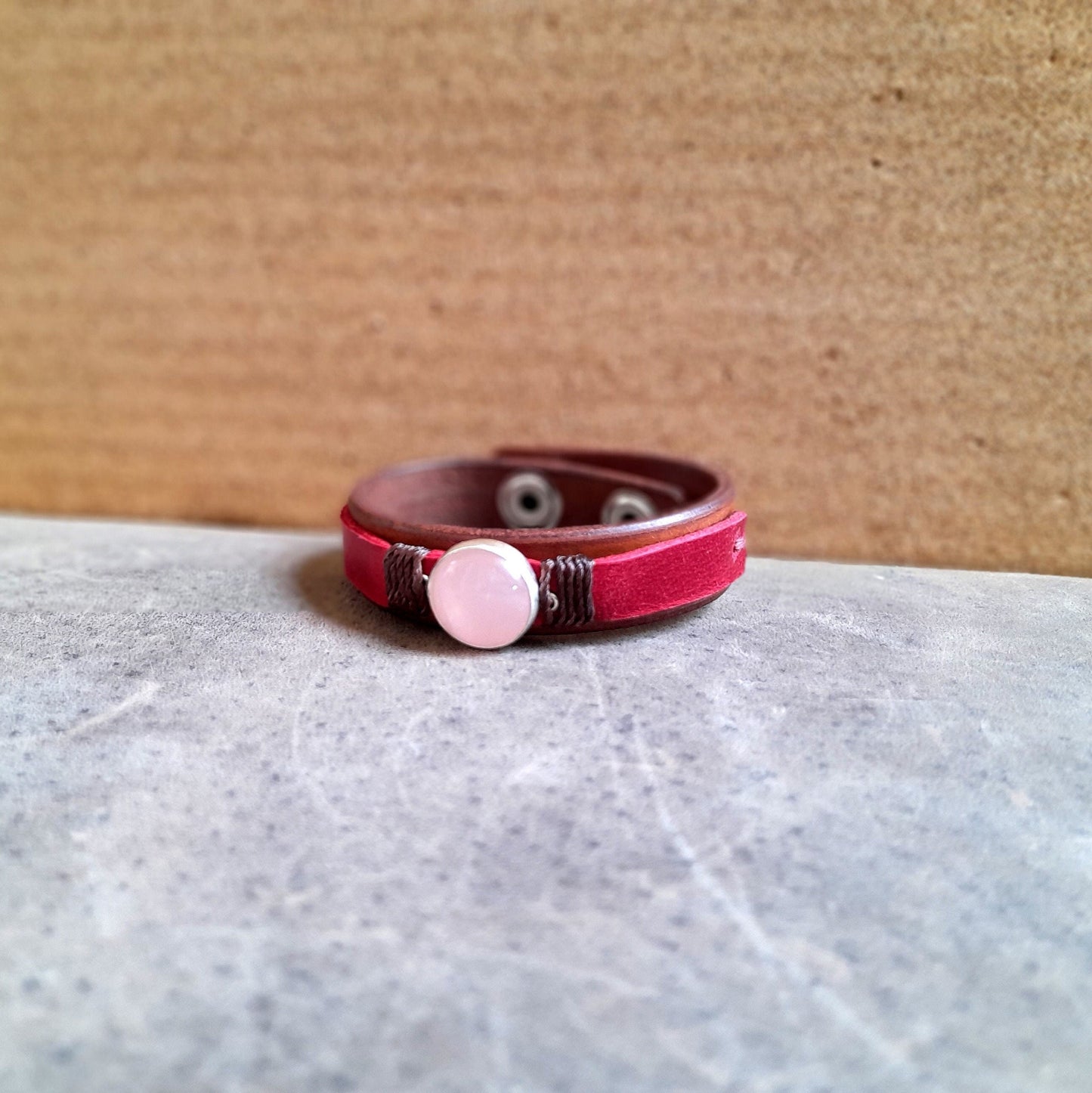 Red Leather Bracelet with Natural Rose Quartz on Sterling Silver pendant