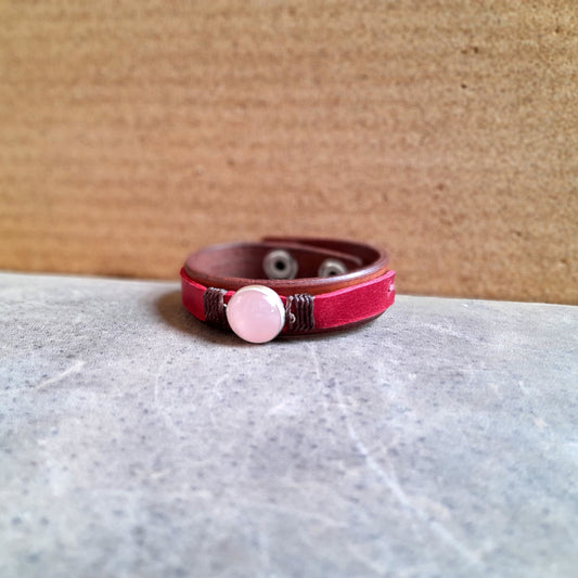 Red Leather Bracelet with Natural Rose Quartz, Silver 925