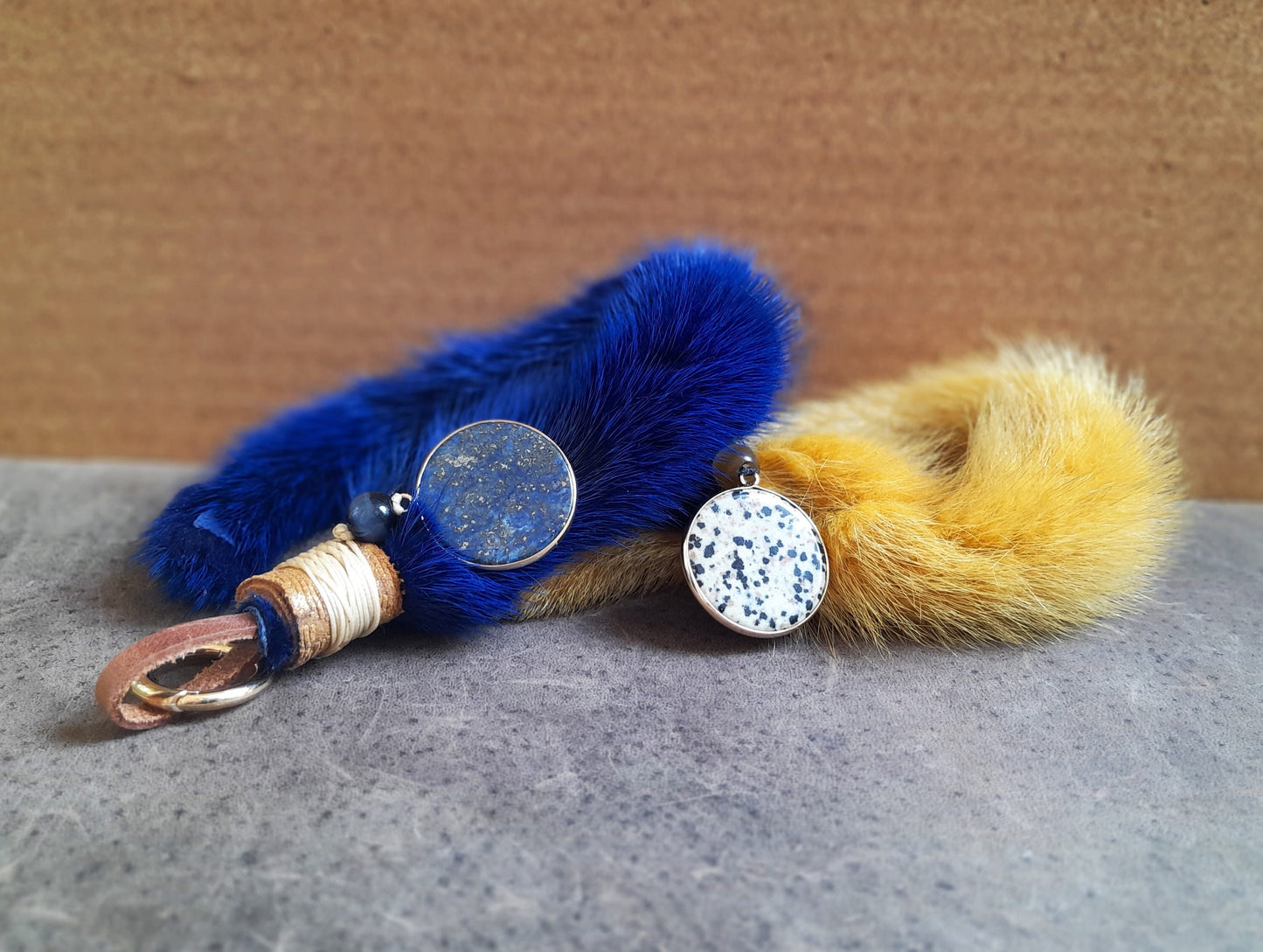 Mink Tail Bag Charm with Gemstone Pendant, Yellow or Blue