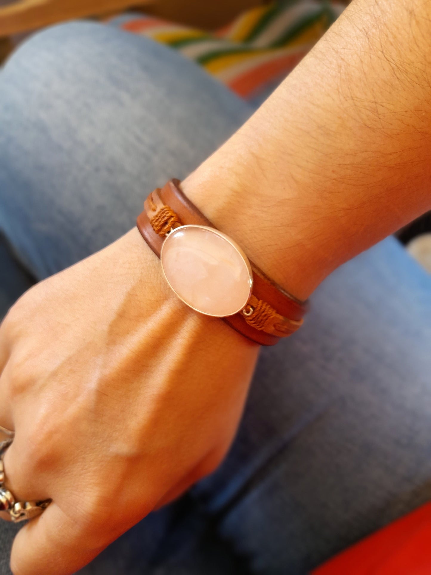 Large Rose Quartz Leather Cuff, Silver 925