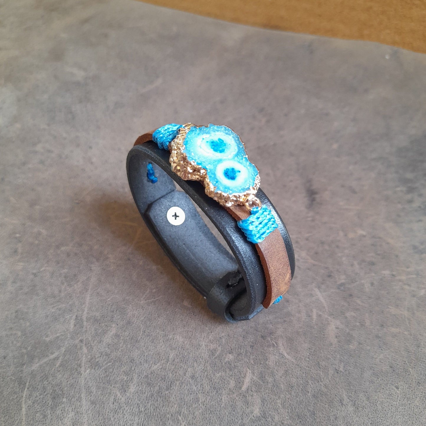 Natural Druzy Chrysocolla Leather Bracelet