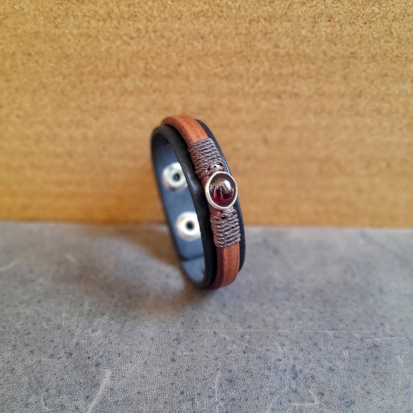 Garnet Bracelet, Sterling Silver Garnet Pendant, Handmade Adjustable Full Grain Layered Leather Bangle, Unisex Leather & Silver 925 Jewelry