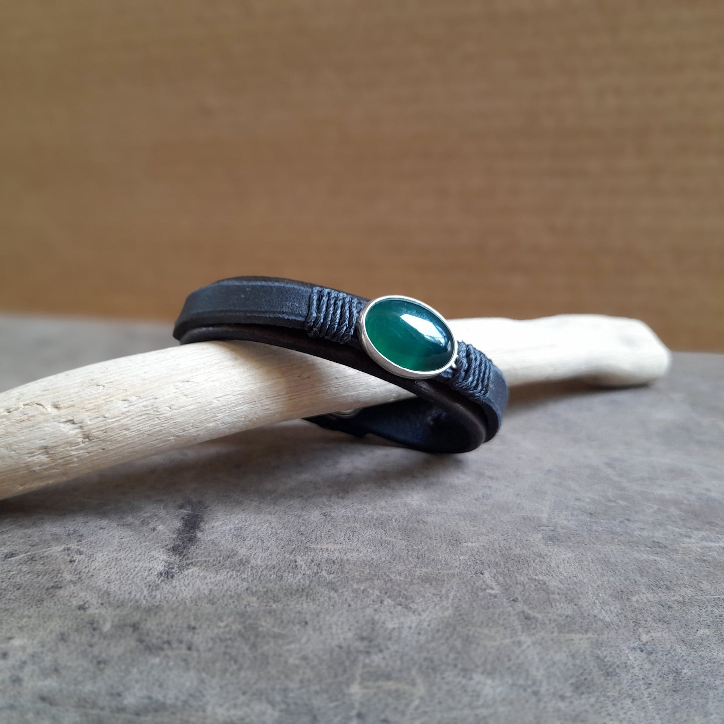 Natural Dark Green Aventurine Leather Bracelet, Silver 925