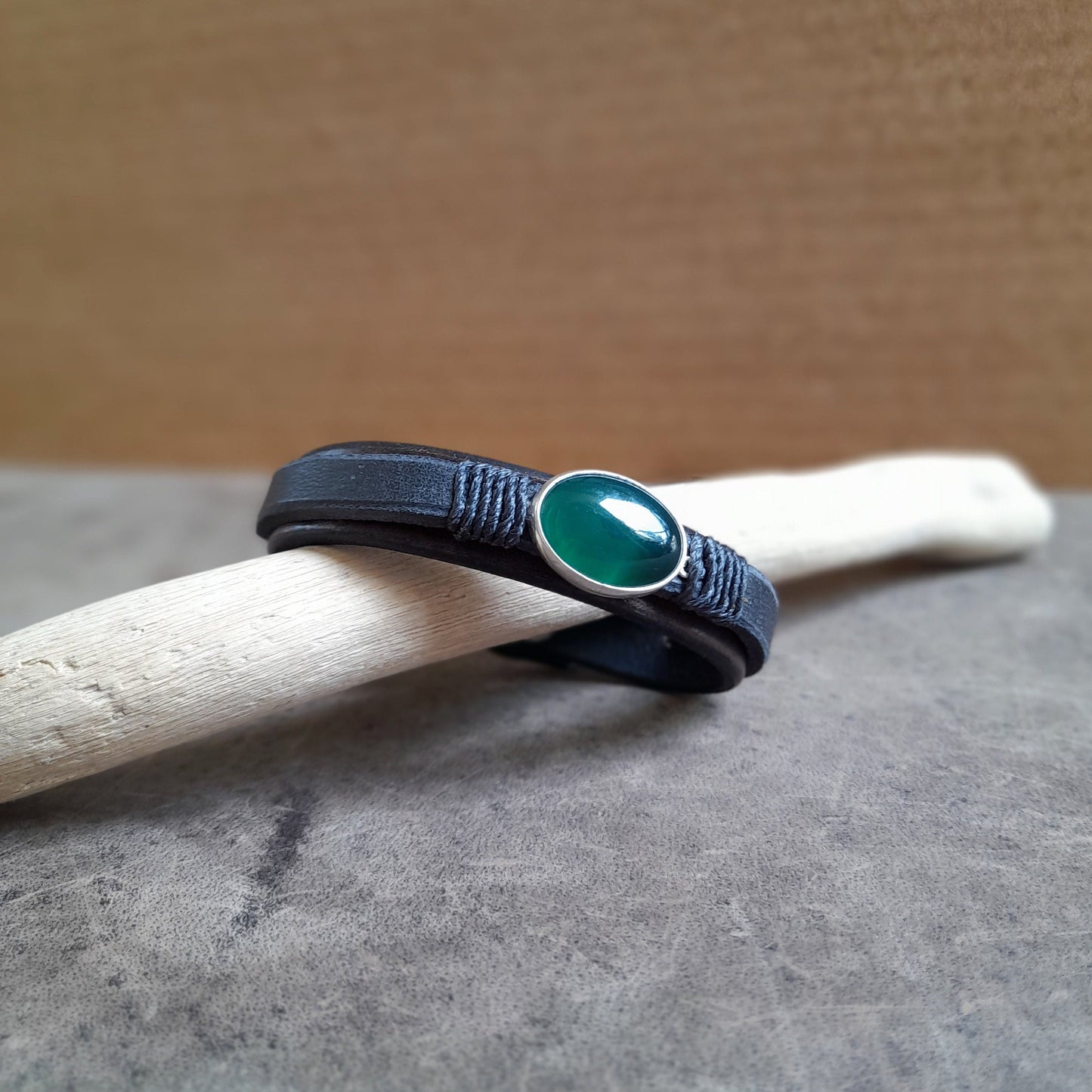 Natural Dark Green Aventurine Leather Bracelet, Silver 925