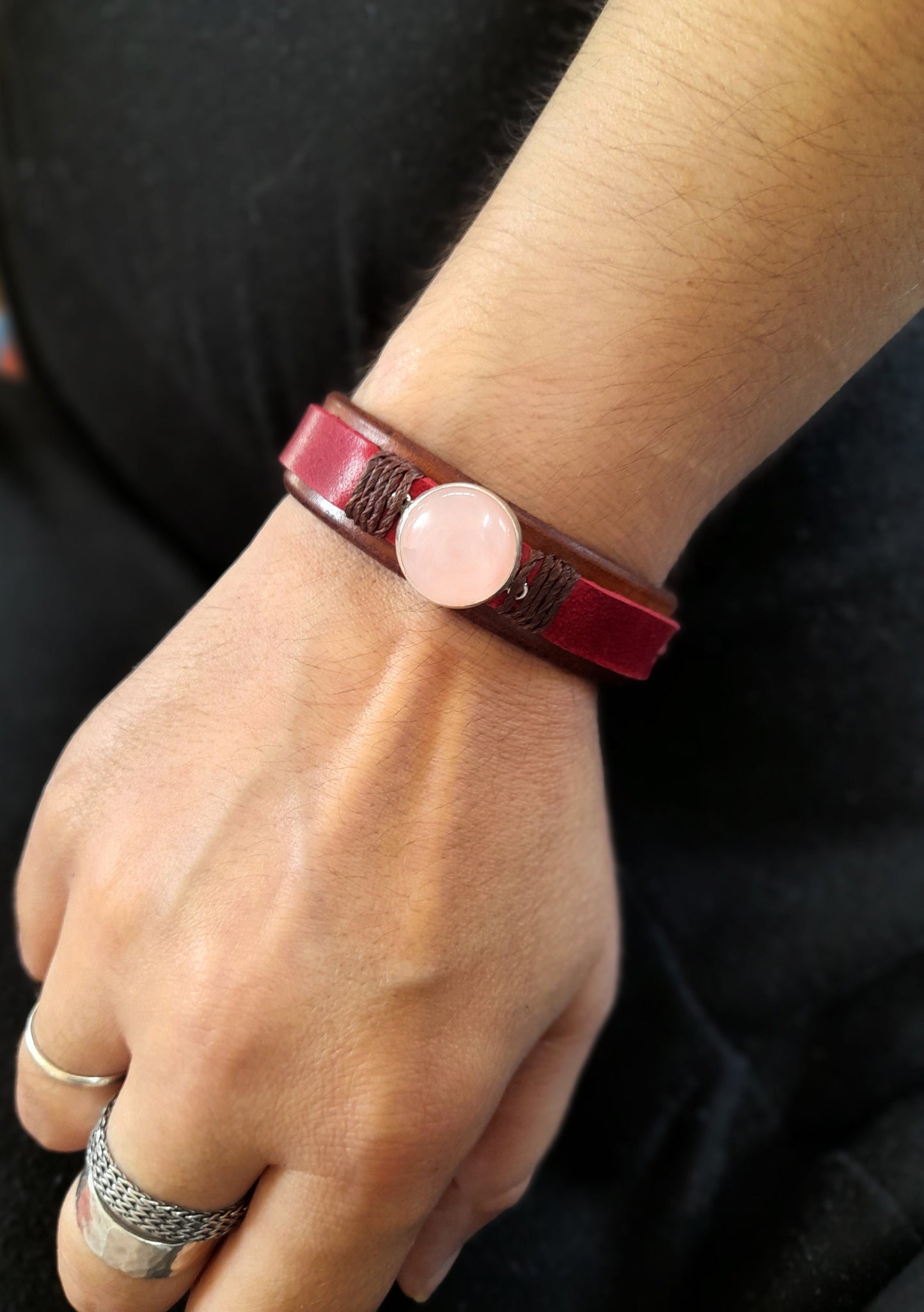 Red Leather Bracelet with Natural Rose Quartz on Sterling Silver pendant