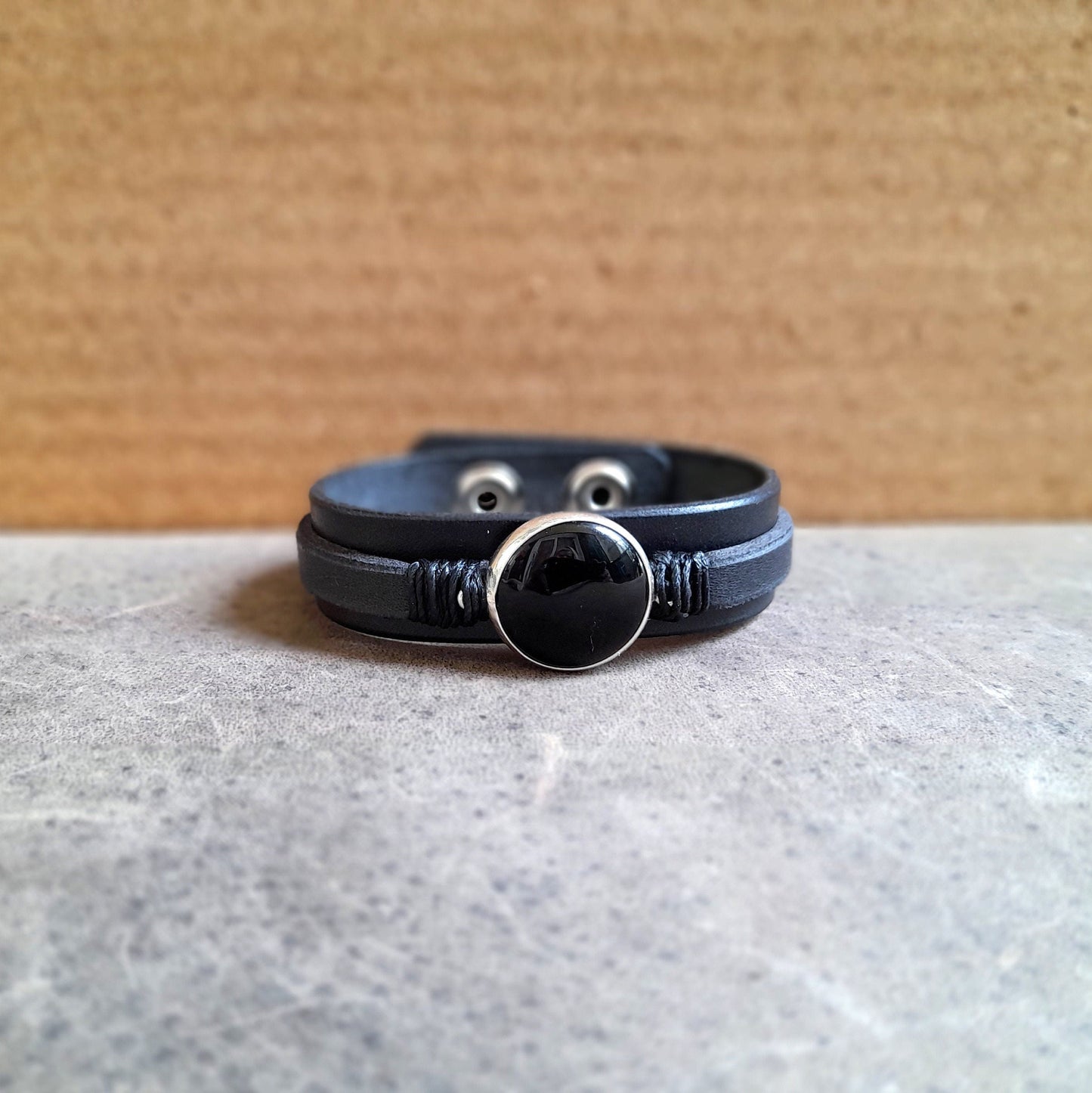 Black Leather Bracelet with Natural Black Obsidian, Silver 925