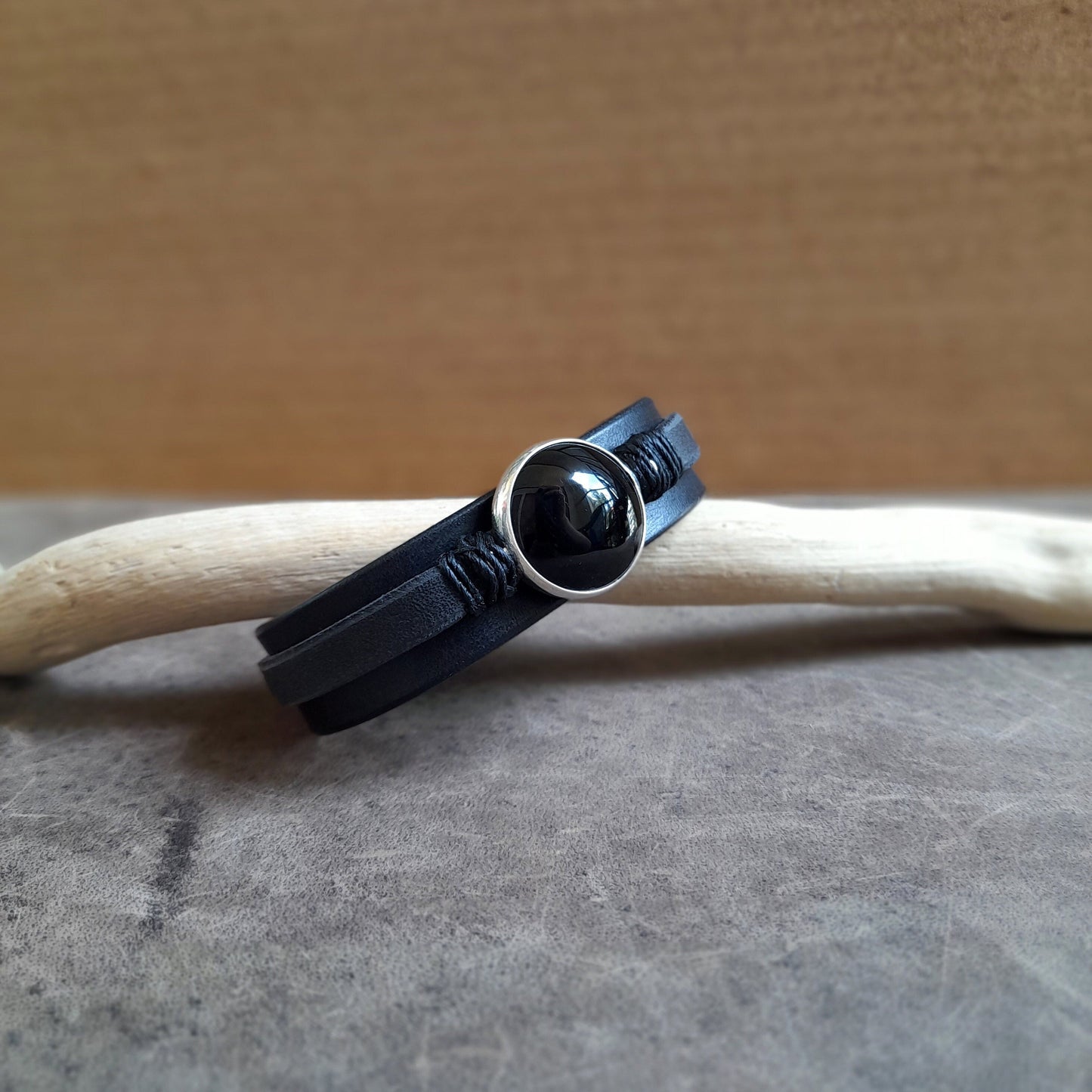 Black Leather Bracelet with Natural Black Obsidian, Silver 925