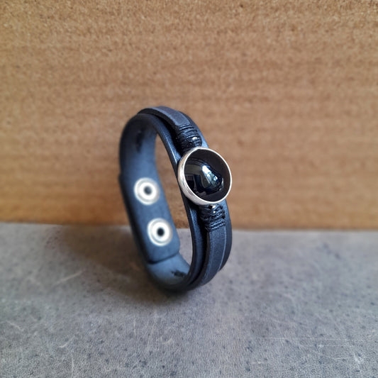 Black Leather Bracelet with Natural Black Obsidian, Silver 925