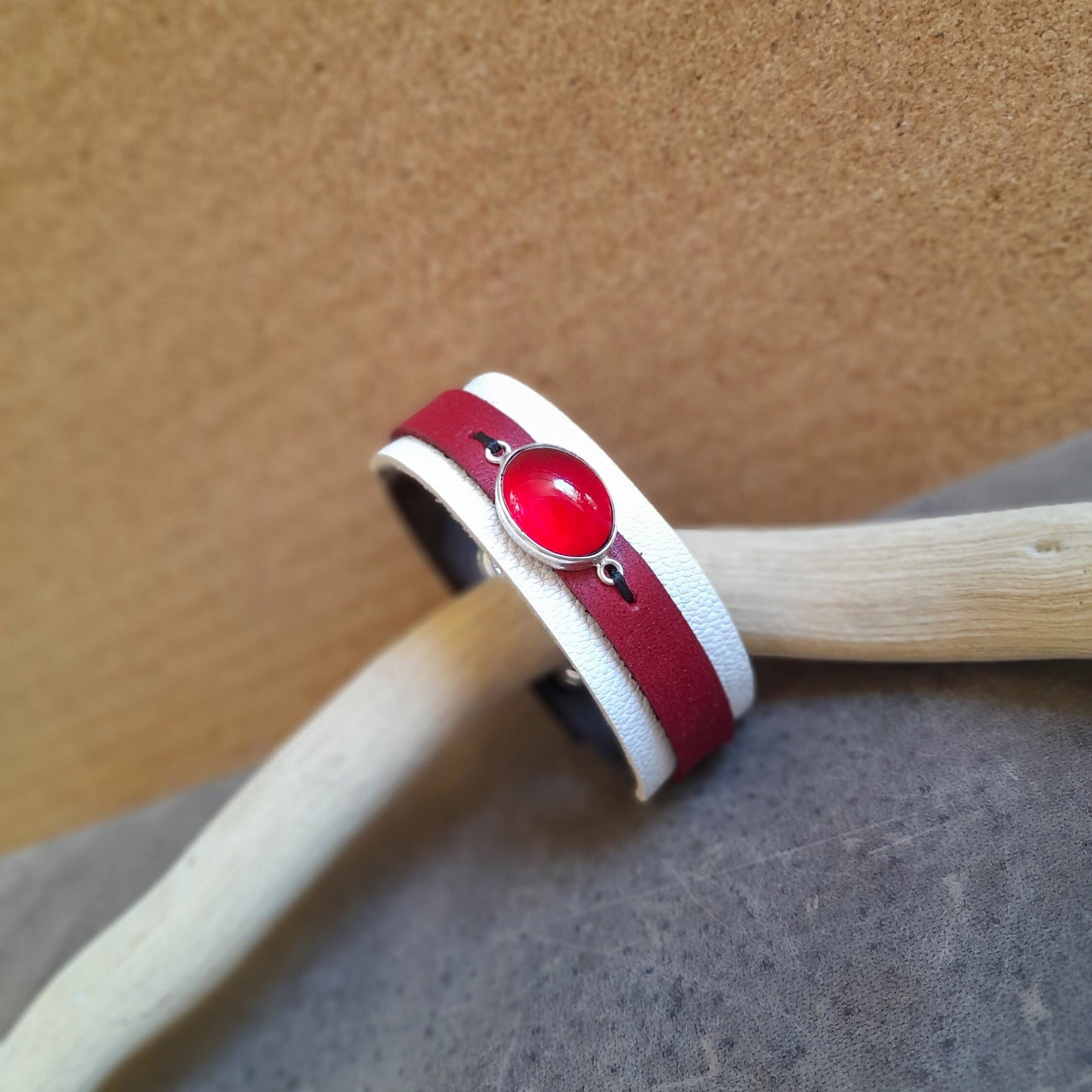 Natural Cherry Agate Leather Bracelet