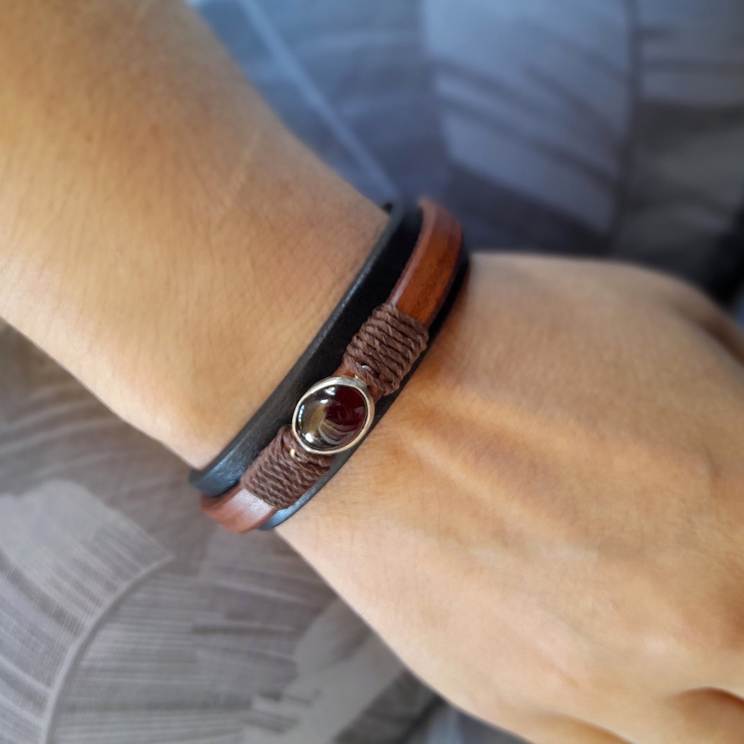 Garnet Bracelet, Sterling Silver Garnet Pendant, Handmade Adjustable Full Grain Layered Leather Bangle, Unisex Leather & Silver 925 Jewelry