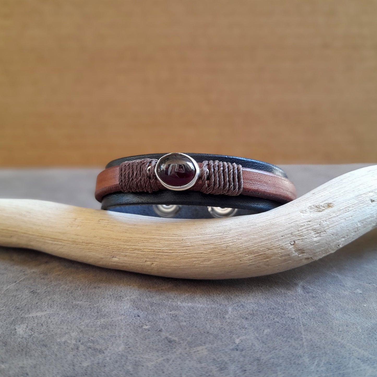 Garnet Bracelet, Sterling Silver Garnet Pendant, Handmade Adjustable Full Grain Layered Leather Bangle, Unisex Leather & Silver 925 Jewelry