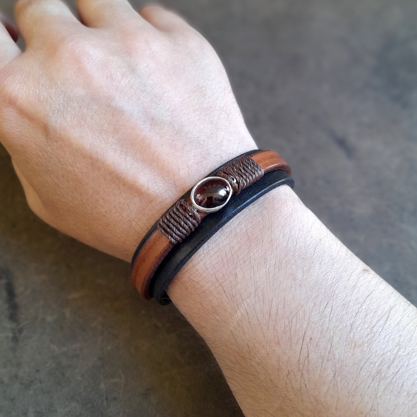 Garnet Bracelet, Sterling Silver Garnet Pendant, Handmade Adjustable Full Grain Layered Leather Bangle, Unisex Leather & Silver 925 Jewelry