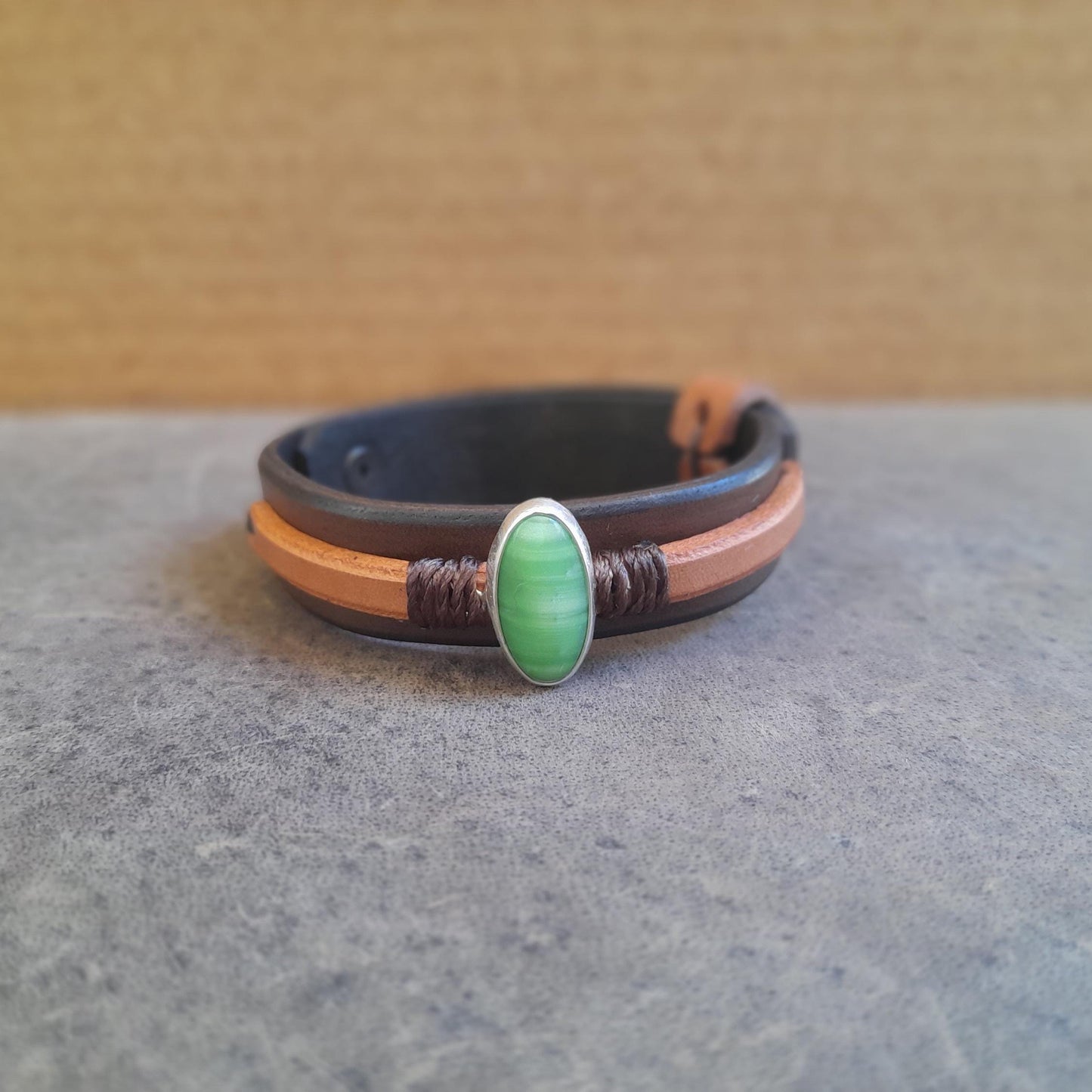 Natural Nephrite Jade Leather Bracelet, Silver 925