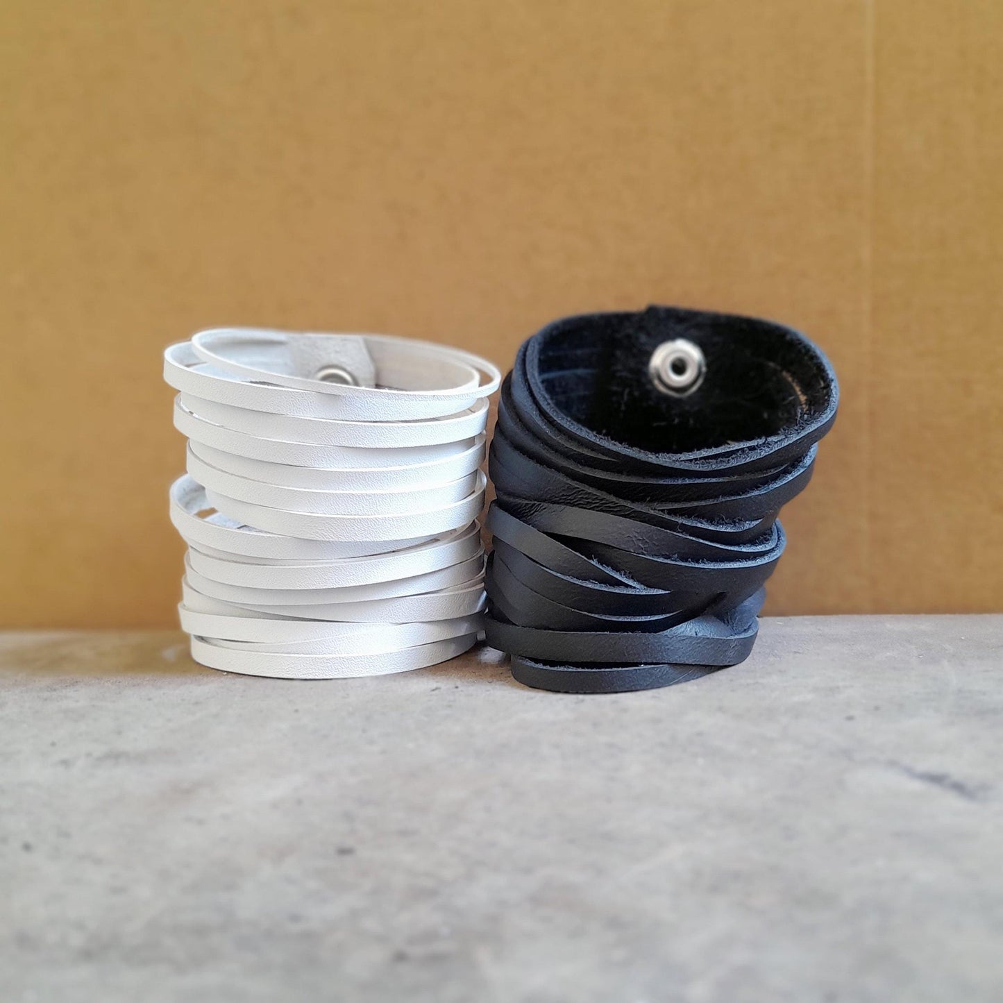 White or Black Multi Strand Leather Bracelet, Extra Wide