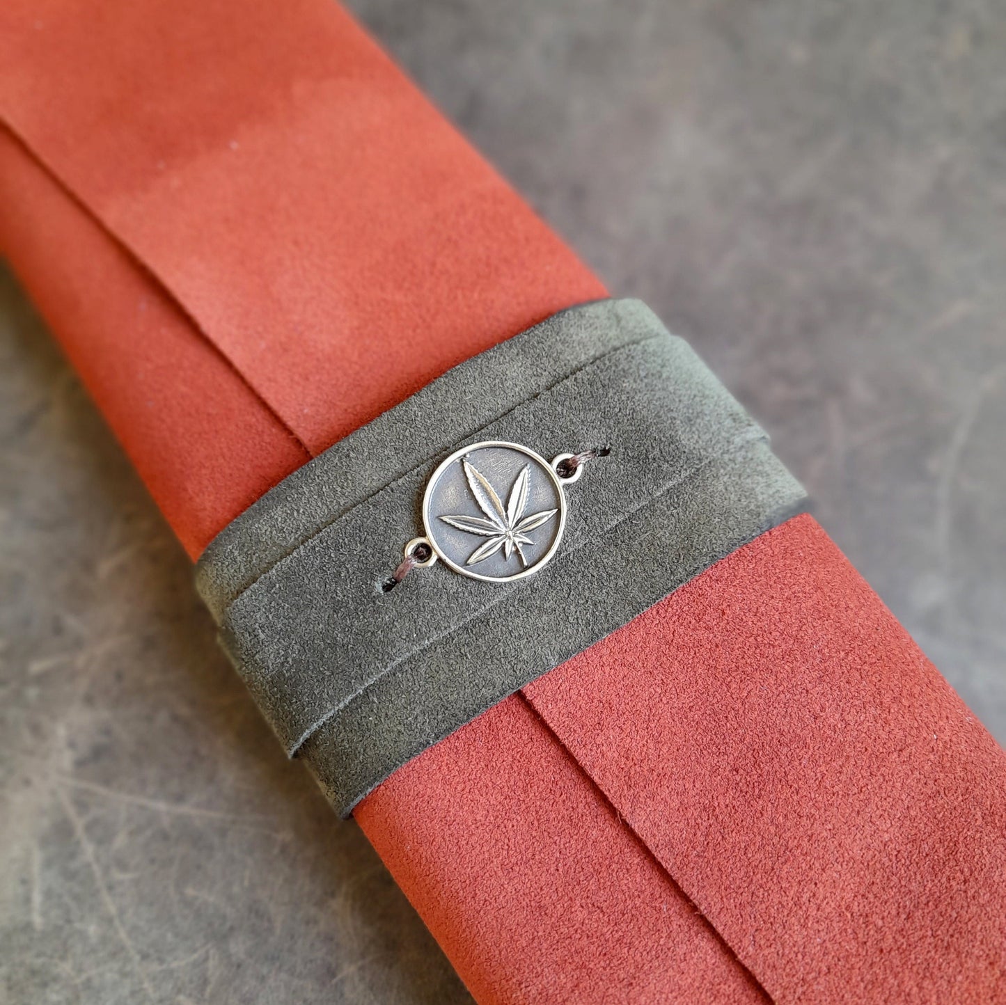 Wide Khaki Green Suede Cuff with Brass Leaf Pendant