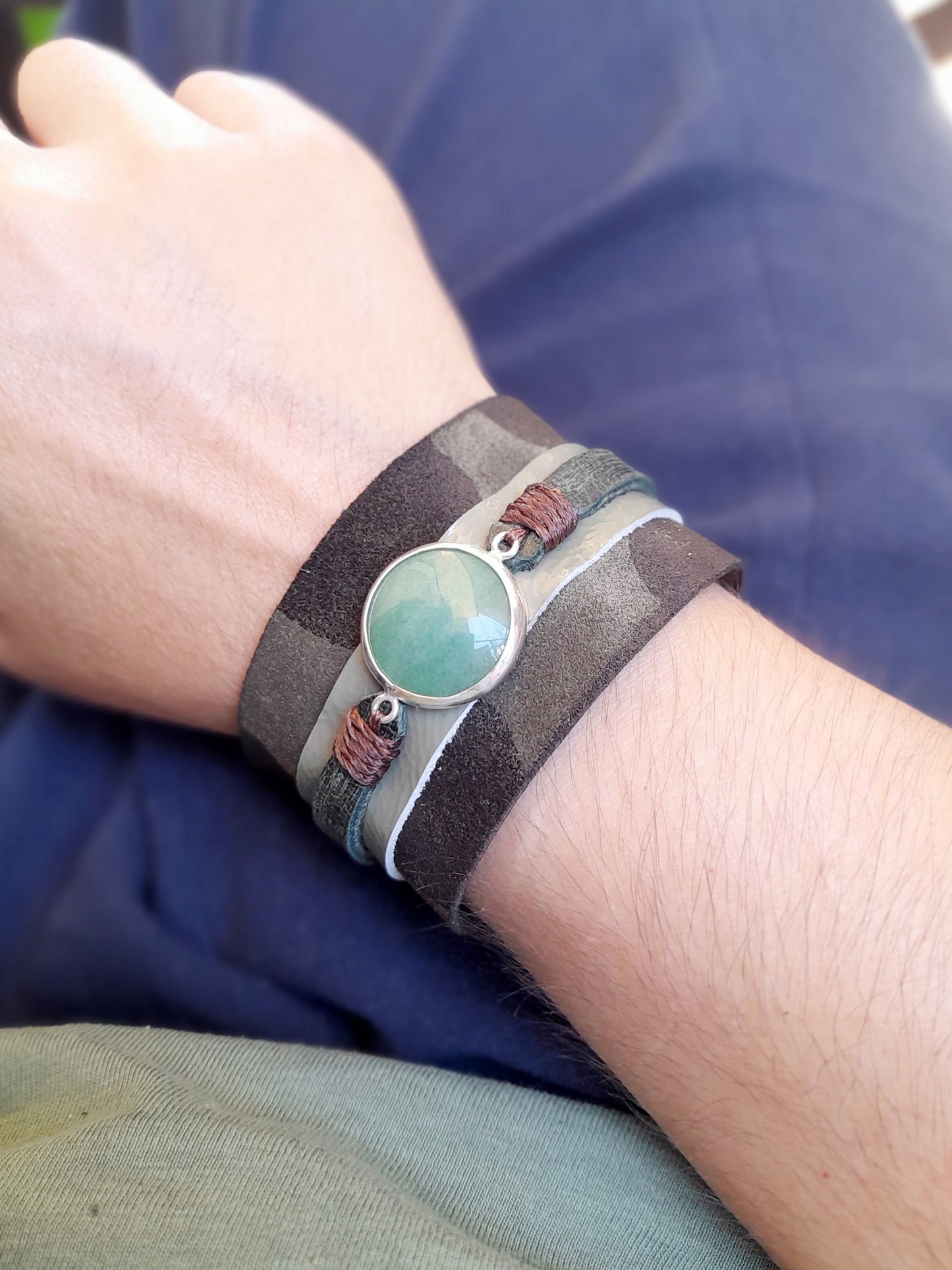 Natural Green Aventurine Cuff Bracelet on Camo Suede, Silver 925