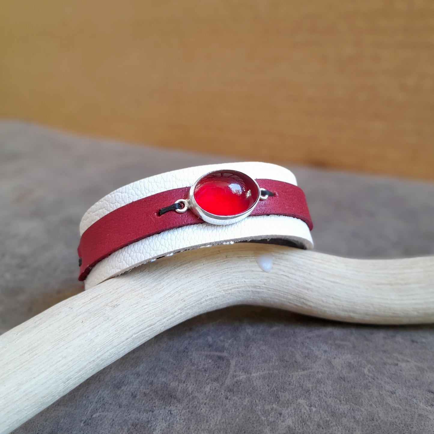 Natural Cherry Agate Leather Bracelet