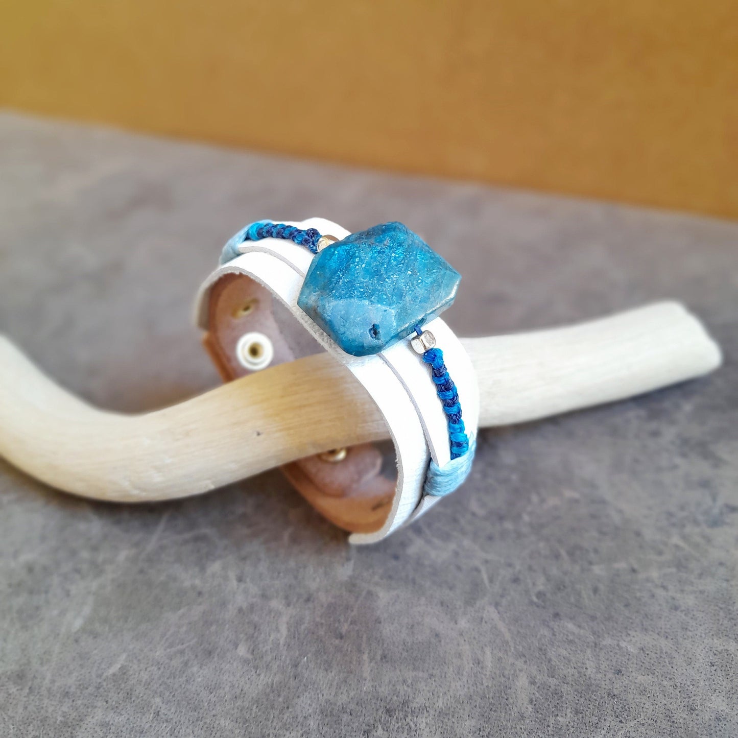 Natural Raw Apatite White Leather Bracelet