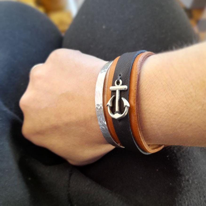 Silver Anchor Brown Black Leather Bracelet