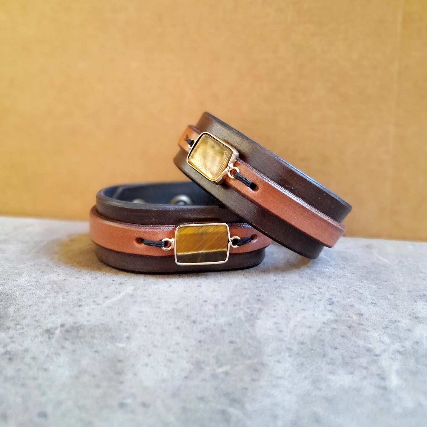 Natural Tiger's Eye Leather Cuff