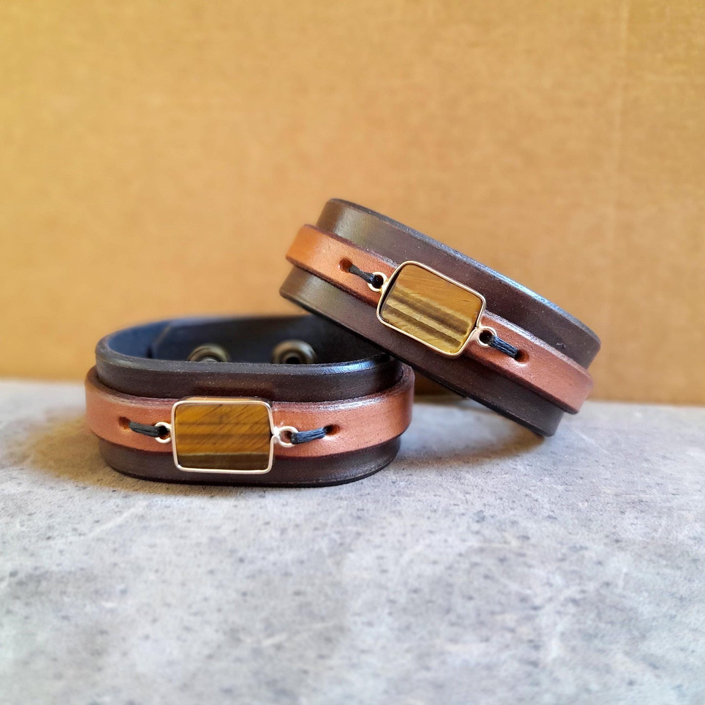 Natural Tiger's Eye Leather Cuff