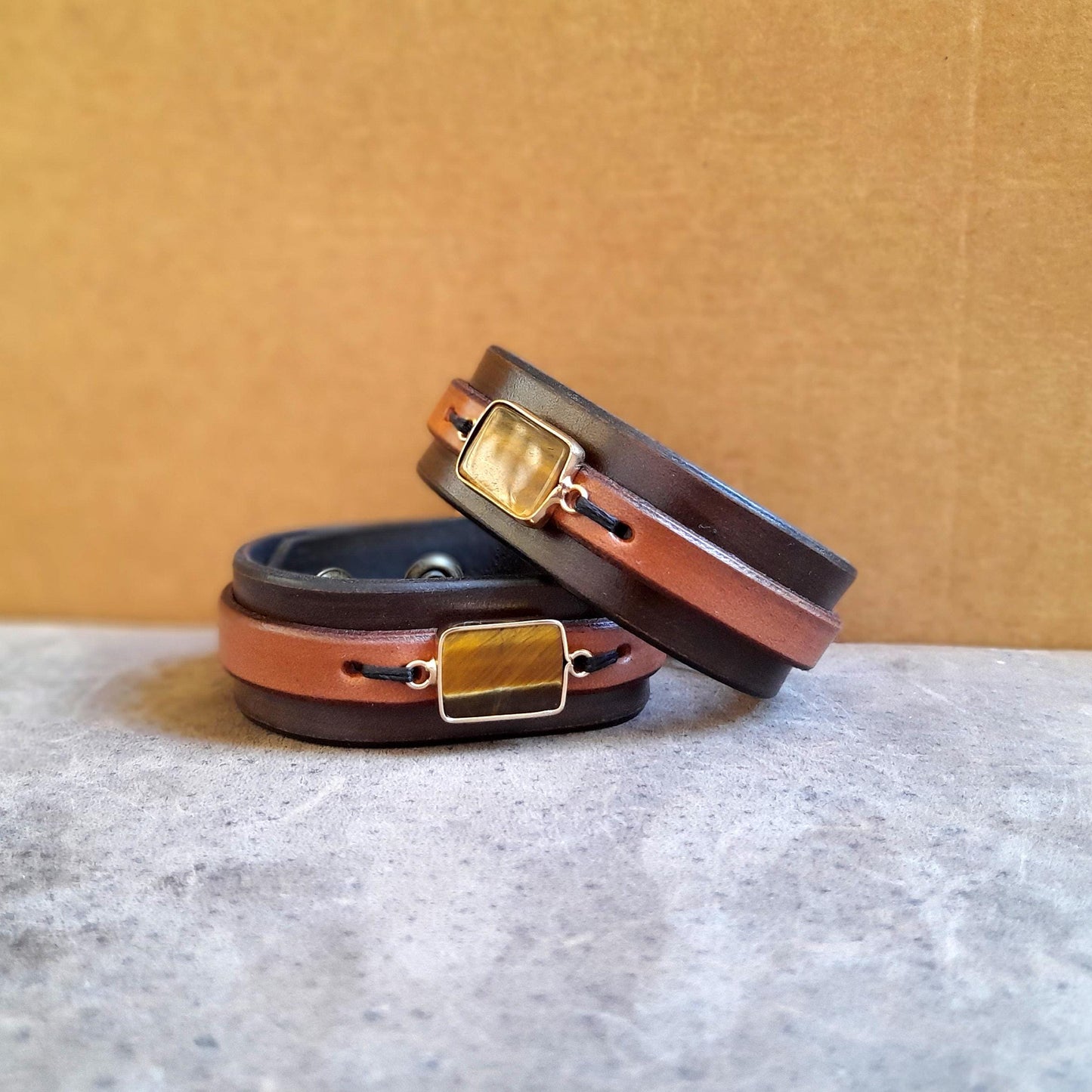 Natural Tiger's Eye Leather Cuff