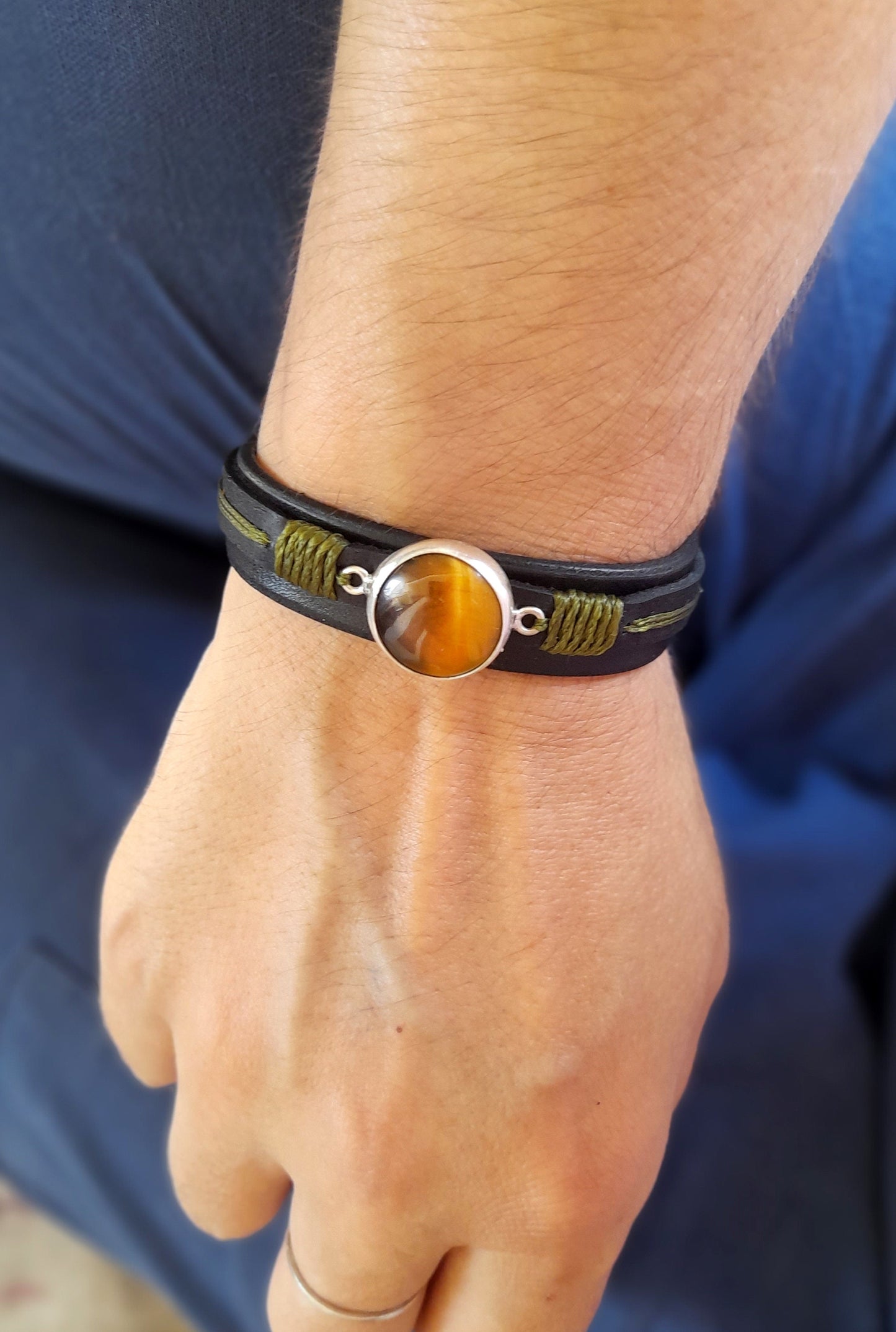 Natural Tiger's Eye Black Leather Bracelet, Silver 925