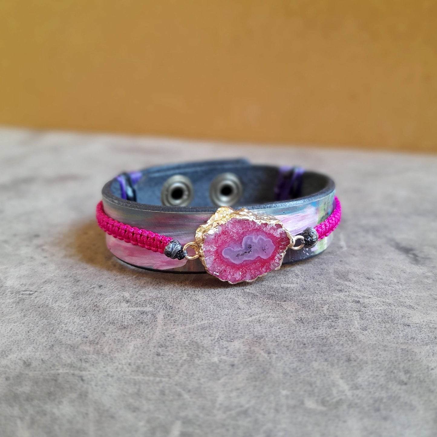 Natural Pink Druzy Agate Leather Bracelet