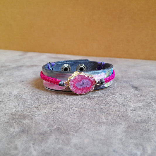 Natural Pink Druzy Agate Leather Bracelet