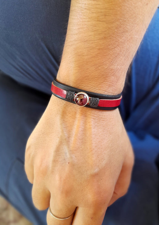 Natural Garnet Minimalist Leather Bracelet, Silver 925