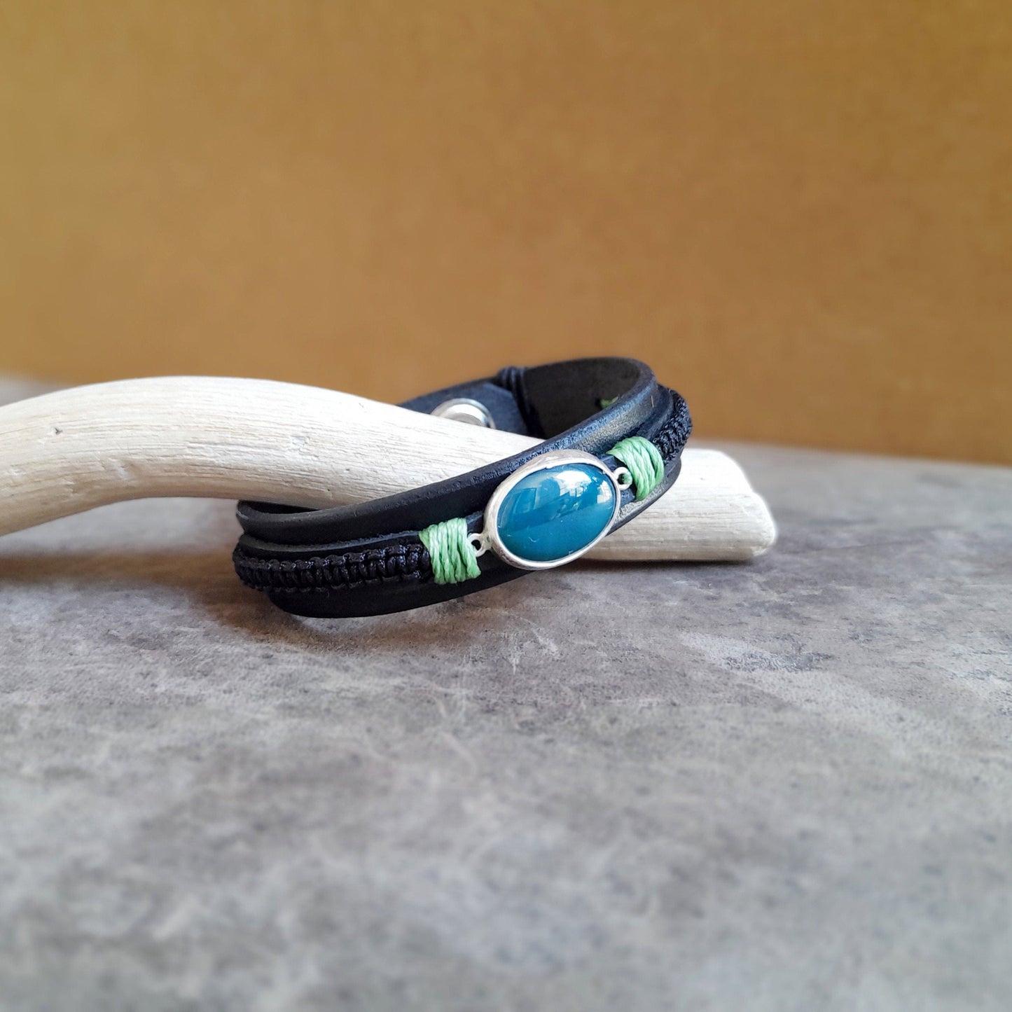 Natural Dark Green Aventurine Black Leather Bracelet, Silver 925