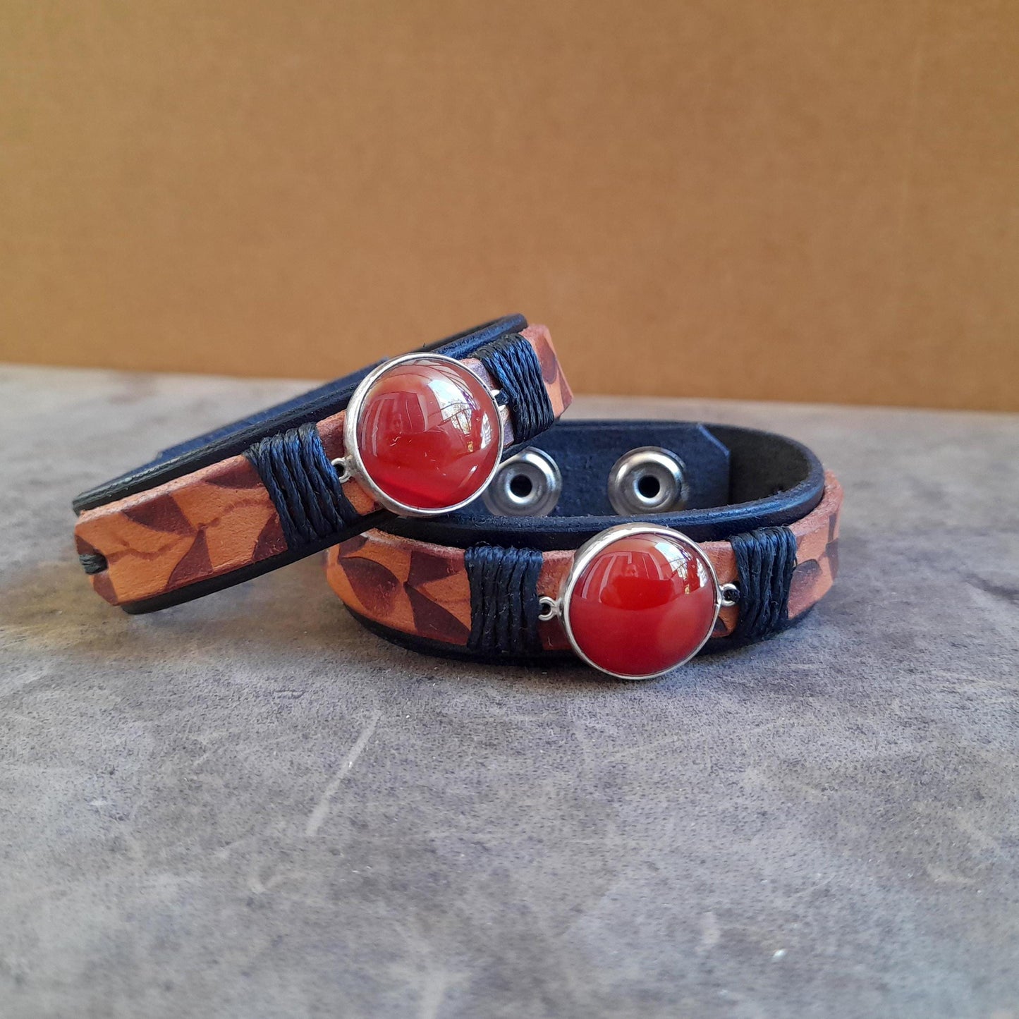 Natural Red Carnelian Leather Cuff Bracelet on Silver 925 Pendant