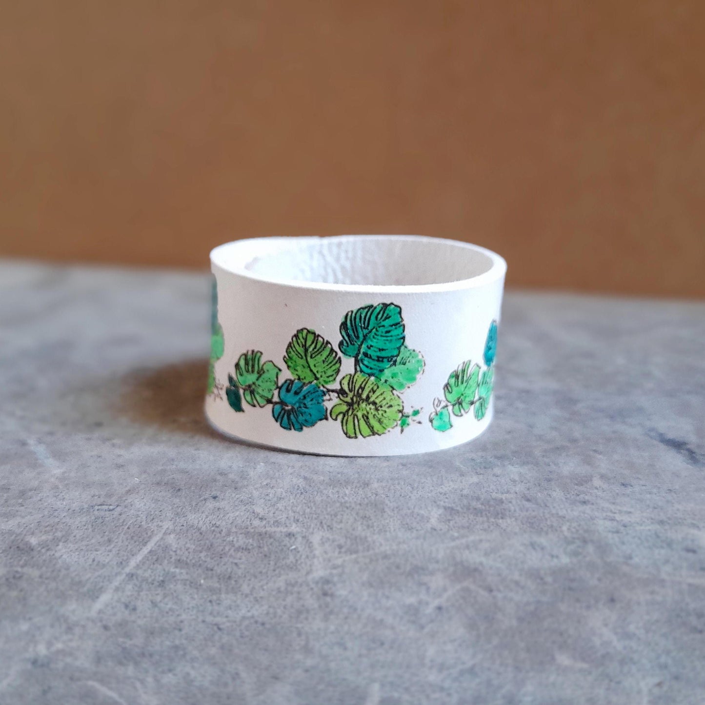 Hand Painted Monstera Leather Cuff Bracelet