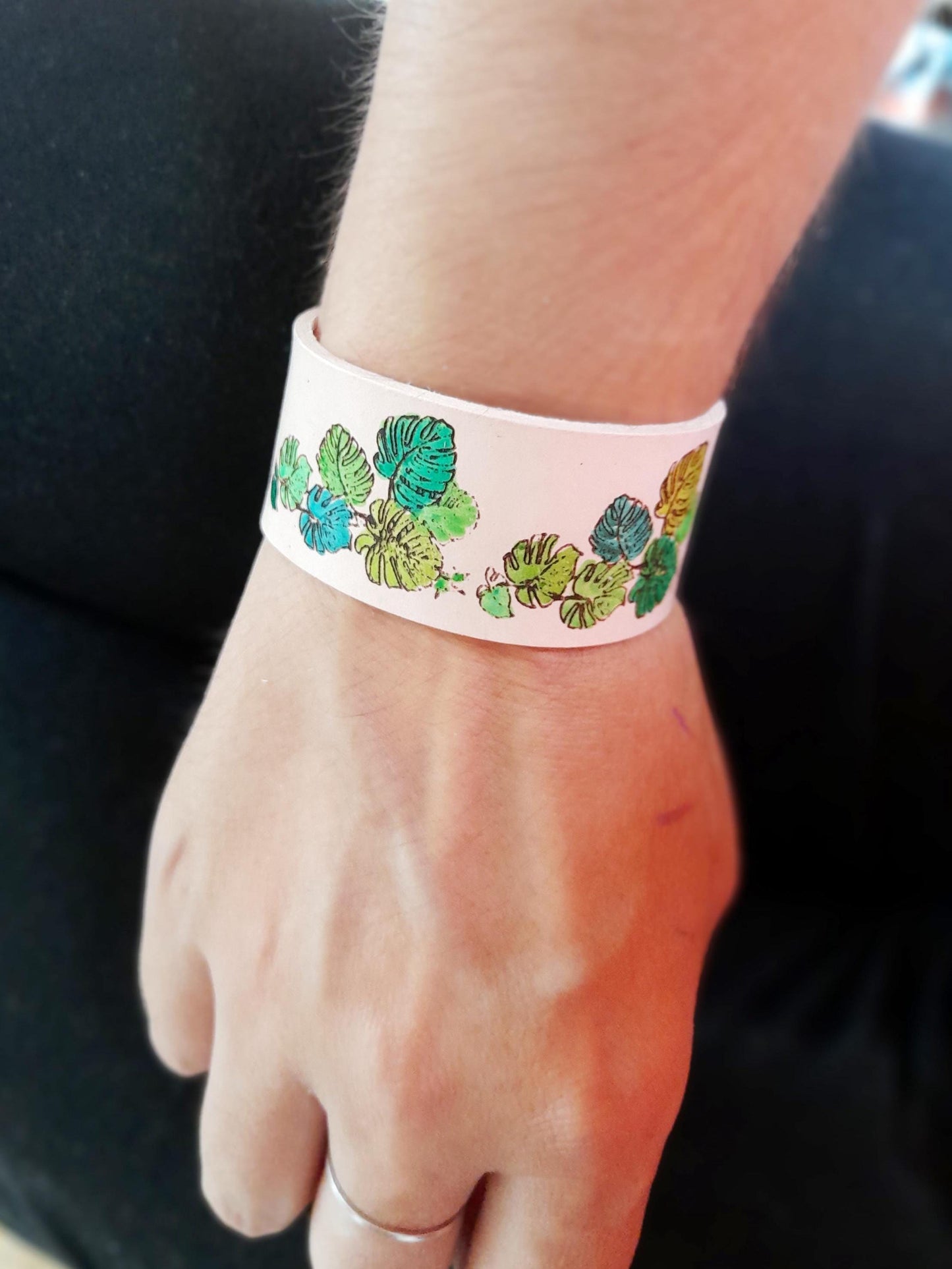 Hand Painted Monstera Leather Cuff Bracelet