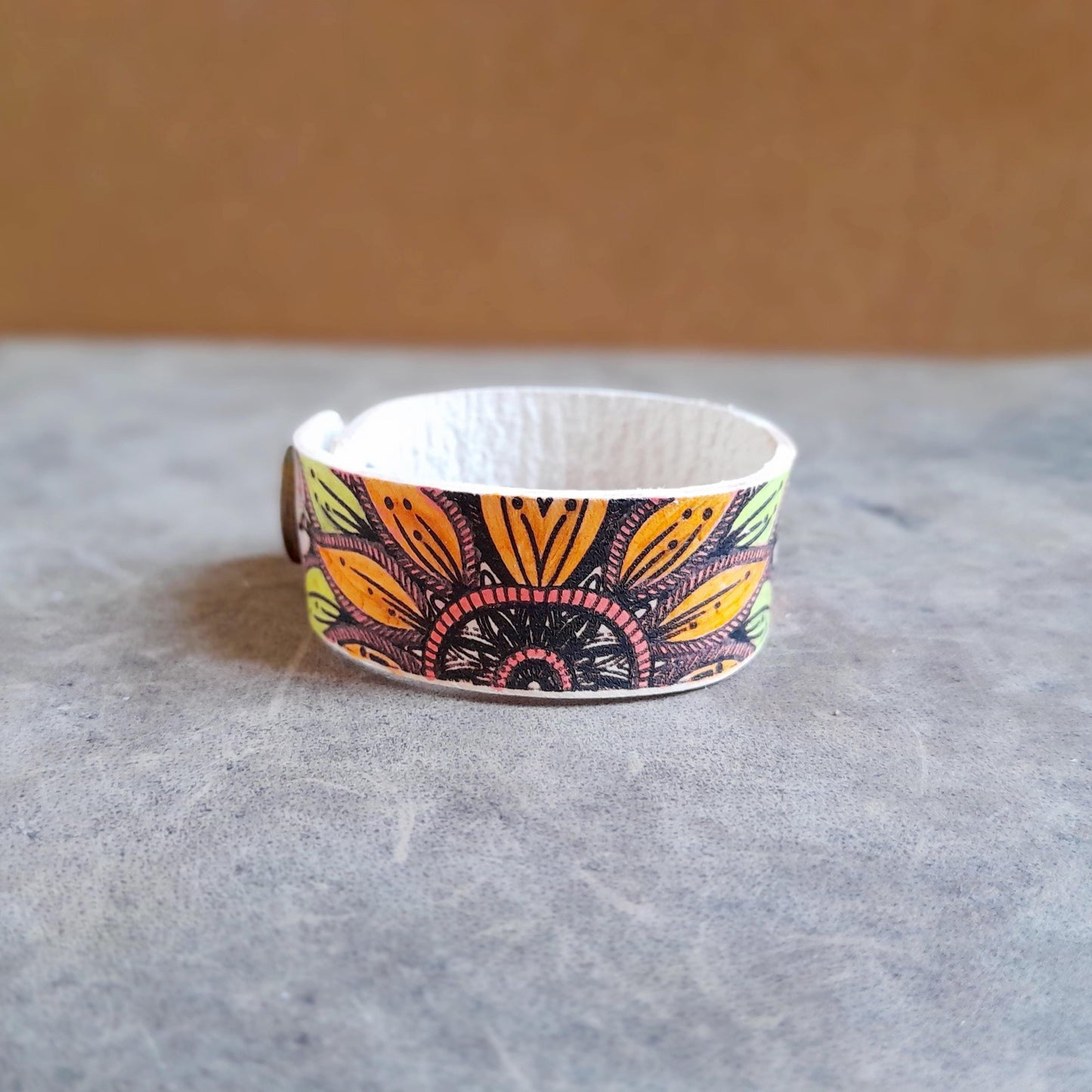 Hand Painted Yellow Orange Mandala Flower Bracelet