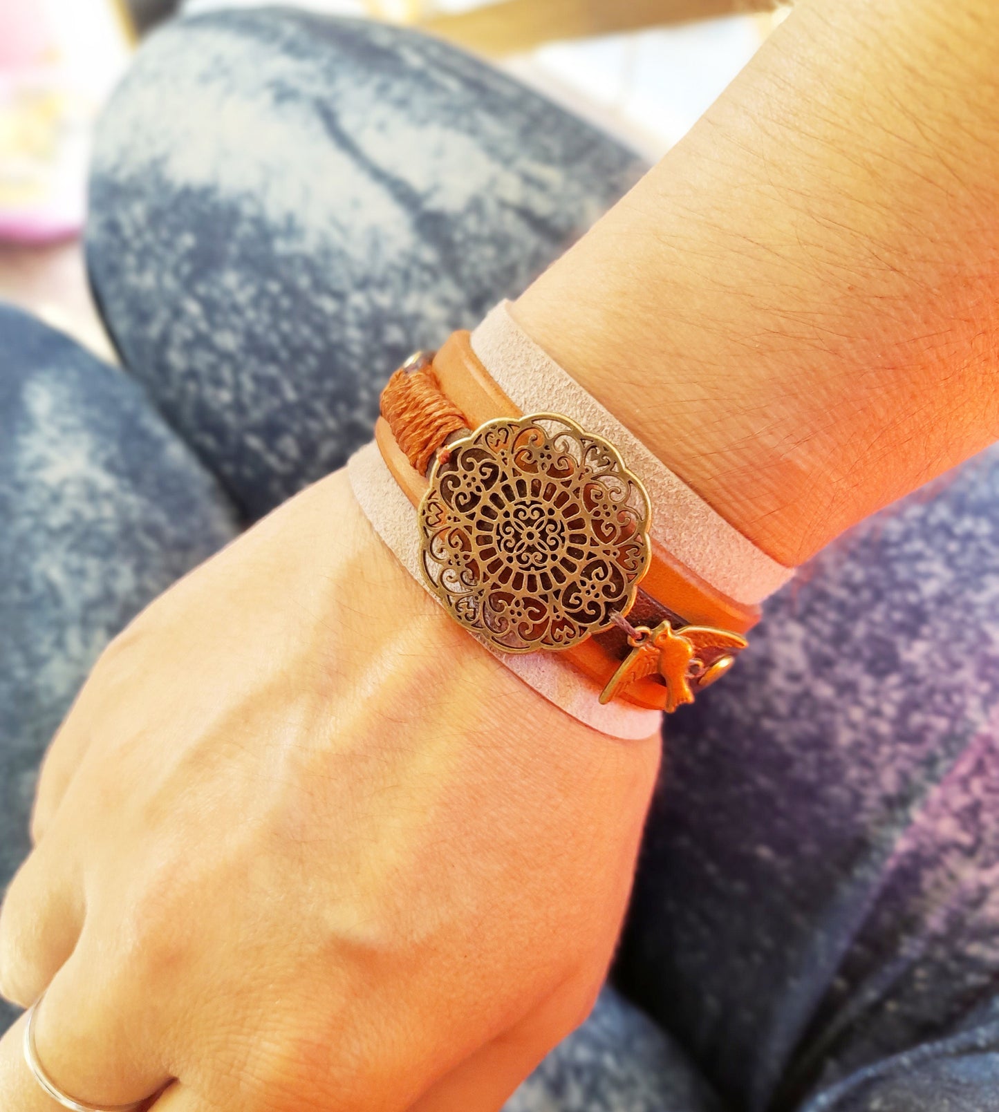 Leather and Suede Cuff with Mandala Flower