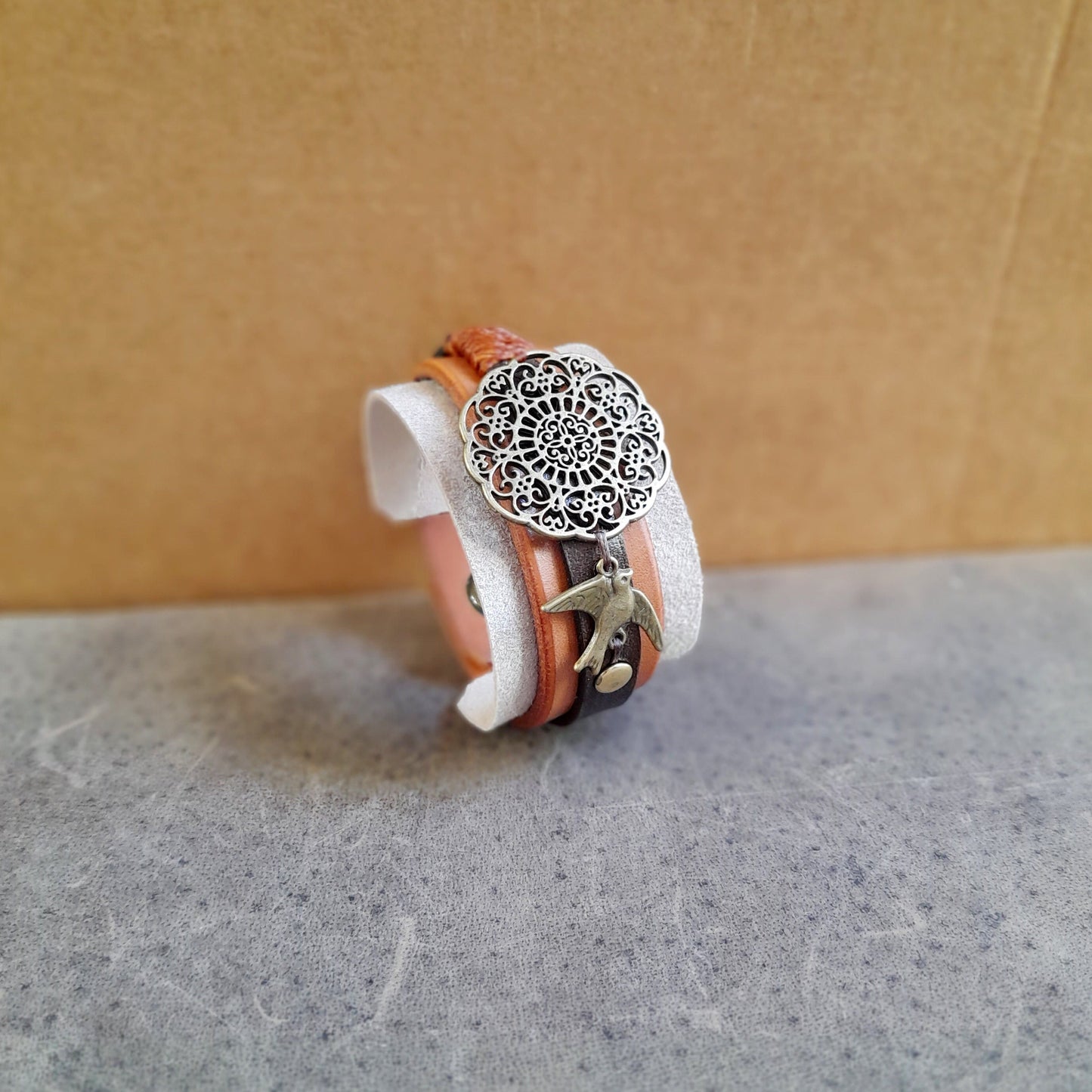 Leather and Suede Cuff with Mandala Flower